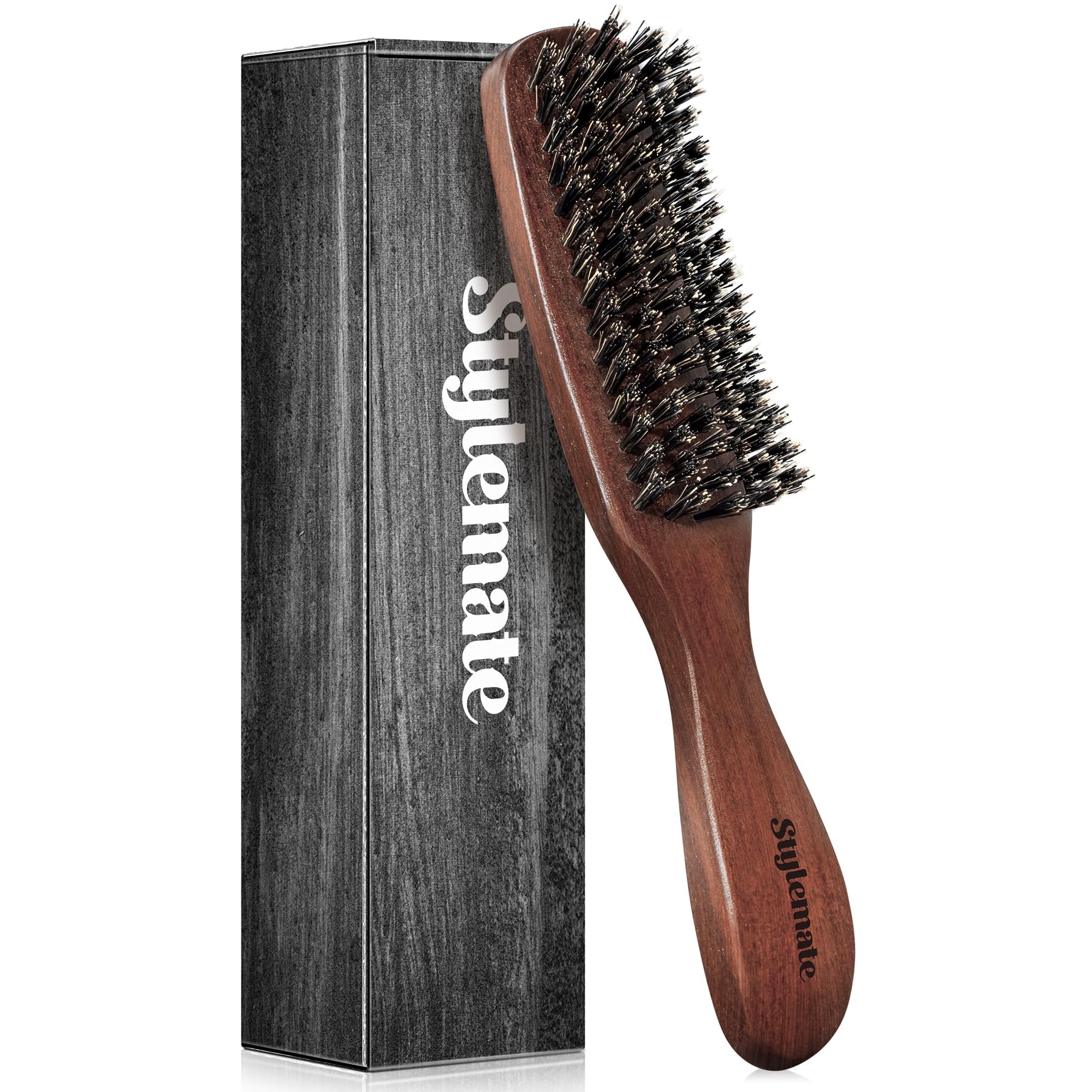 Hair Brush for Men, Stylemate Stiff Boar Bristle Mens Hair Brush for Thick Hair, Wooden Walnut Handle with Ergonomic Design, Ideal for Smoothing, Wave, Detangling Styles