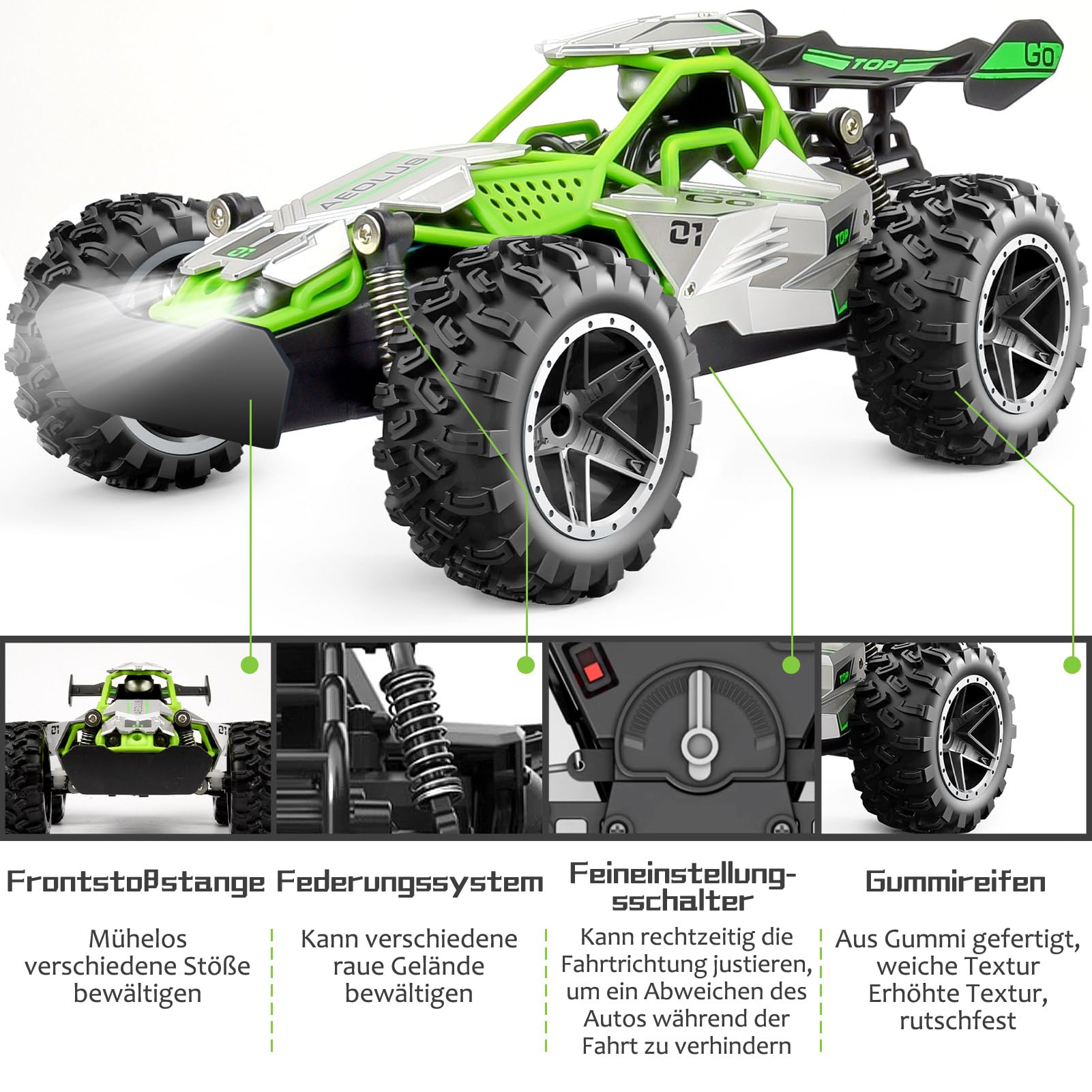Pmgud Trucks Macchina Telecomandata Auto 1:18 Rc Cars, 2,4 GHz All Terrain Offroad Auto Radiocomandata 2WD 20 km/h Impermeabile con 2 Batterie Regalo Per Bambini Di 6-14 Anni(Verde)