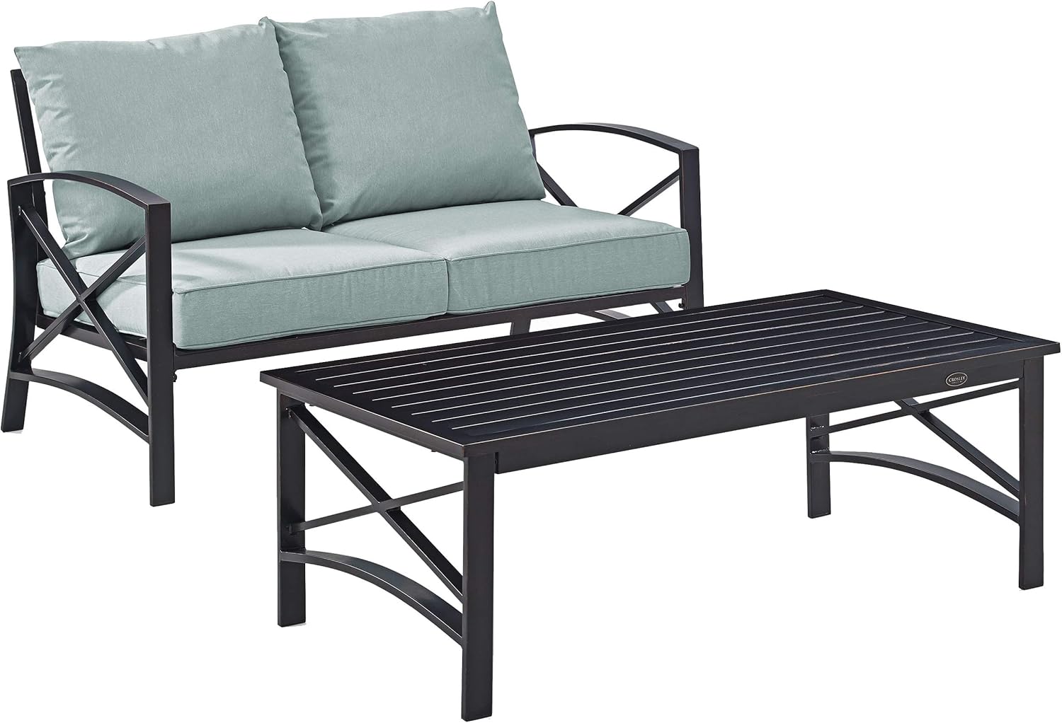 Crosley Furniture Kaplan 2-Piece Outdoor Coffee Table and Loveseat Patio Furniture Set for Porch, Deck, Oiled Bronze with Mist Cushions