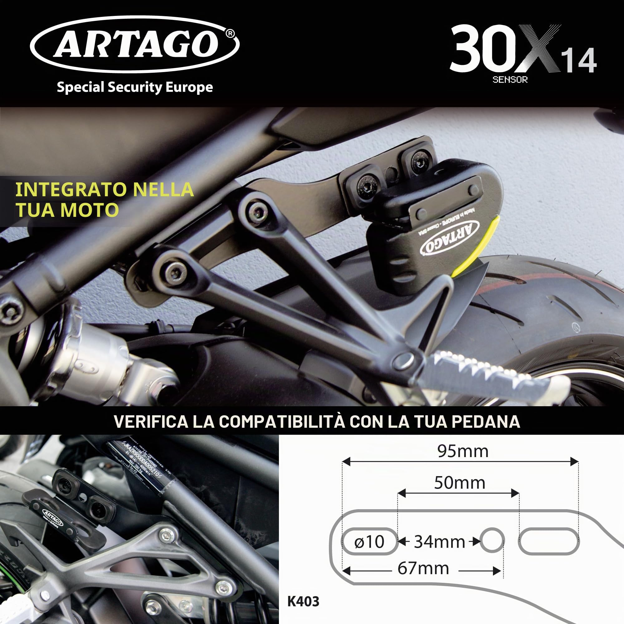 Artago 30X2 Pack Antifurto Bloccadisco con Allarme 120db Alta Sicurezza + Supporto per Yamaha MT-07 e Tracer 700, Omologato SRA e Sold Secure Gold