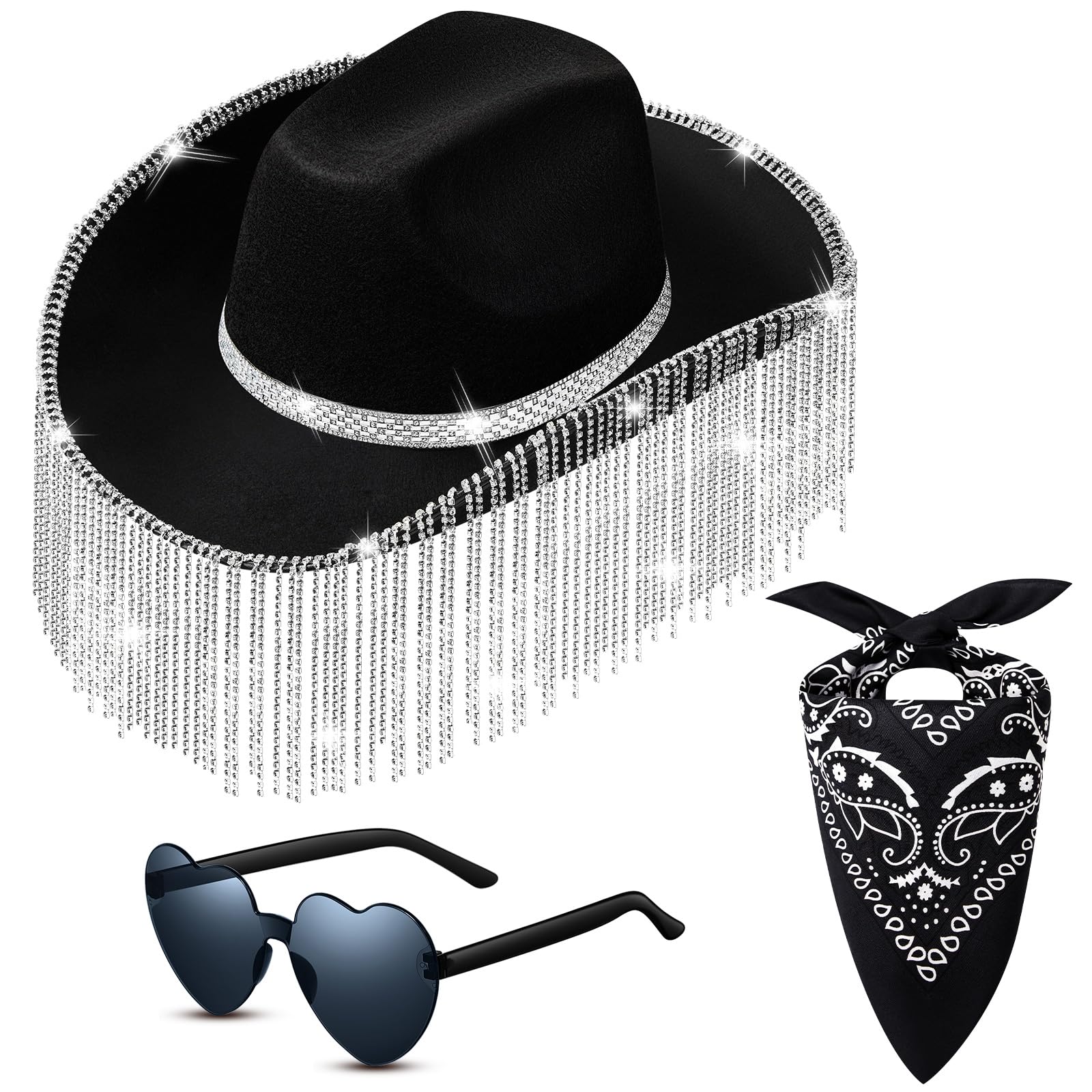 Rhinestone Cowboy Hat Glitter Cowboy Hat with Glasses, Headscarves, Adhesive Rhinestone Letter Patches