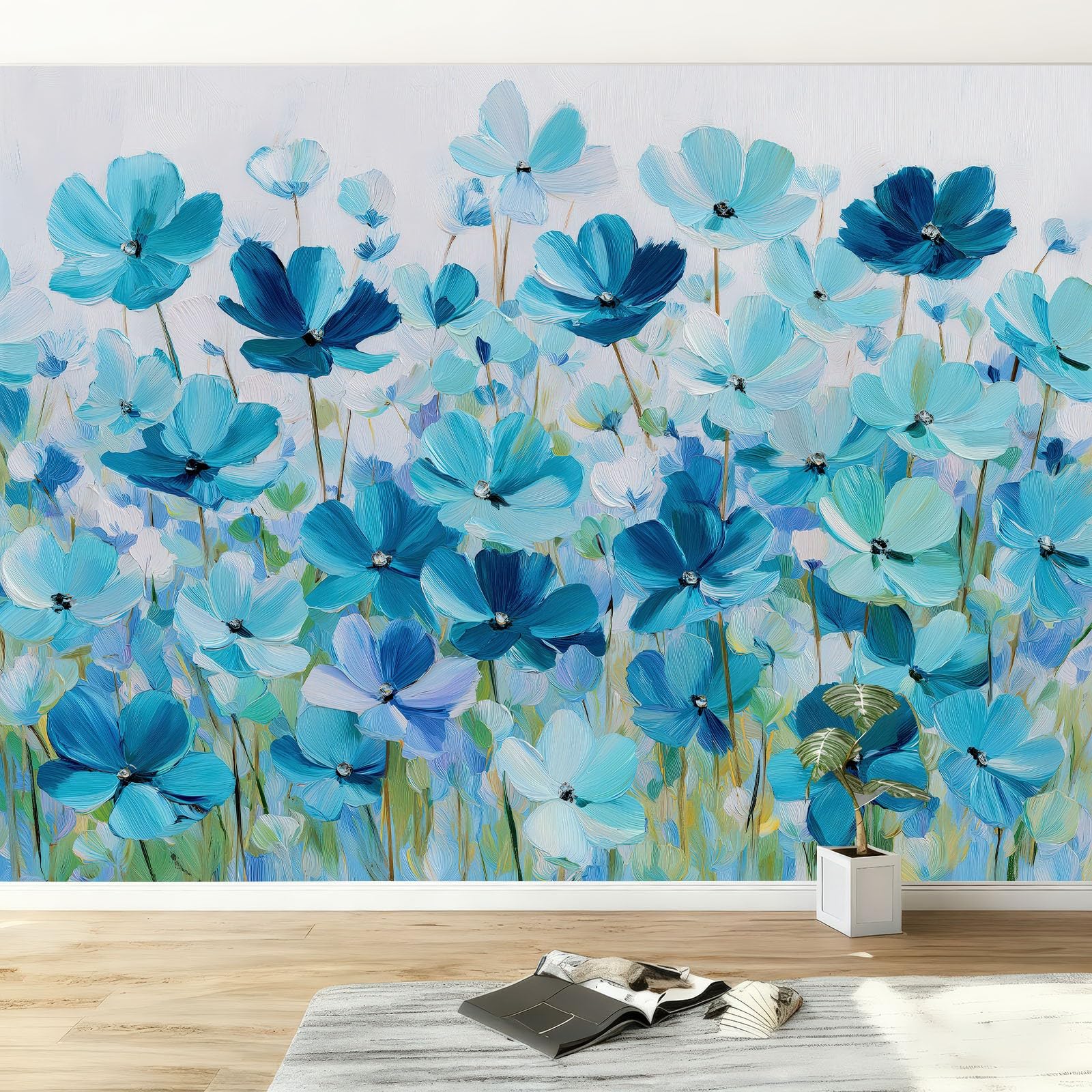 Panoramiczna tapeta 3D obraz olejny niebieska roślina kwiaty liście, tapeta francuska wiejska tapeta do salonu sypialni pokoju dziecięcego - fotografia ścienna 300 l x 210 cm