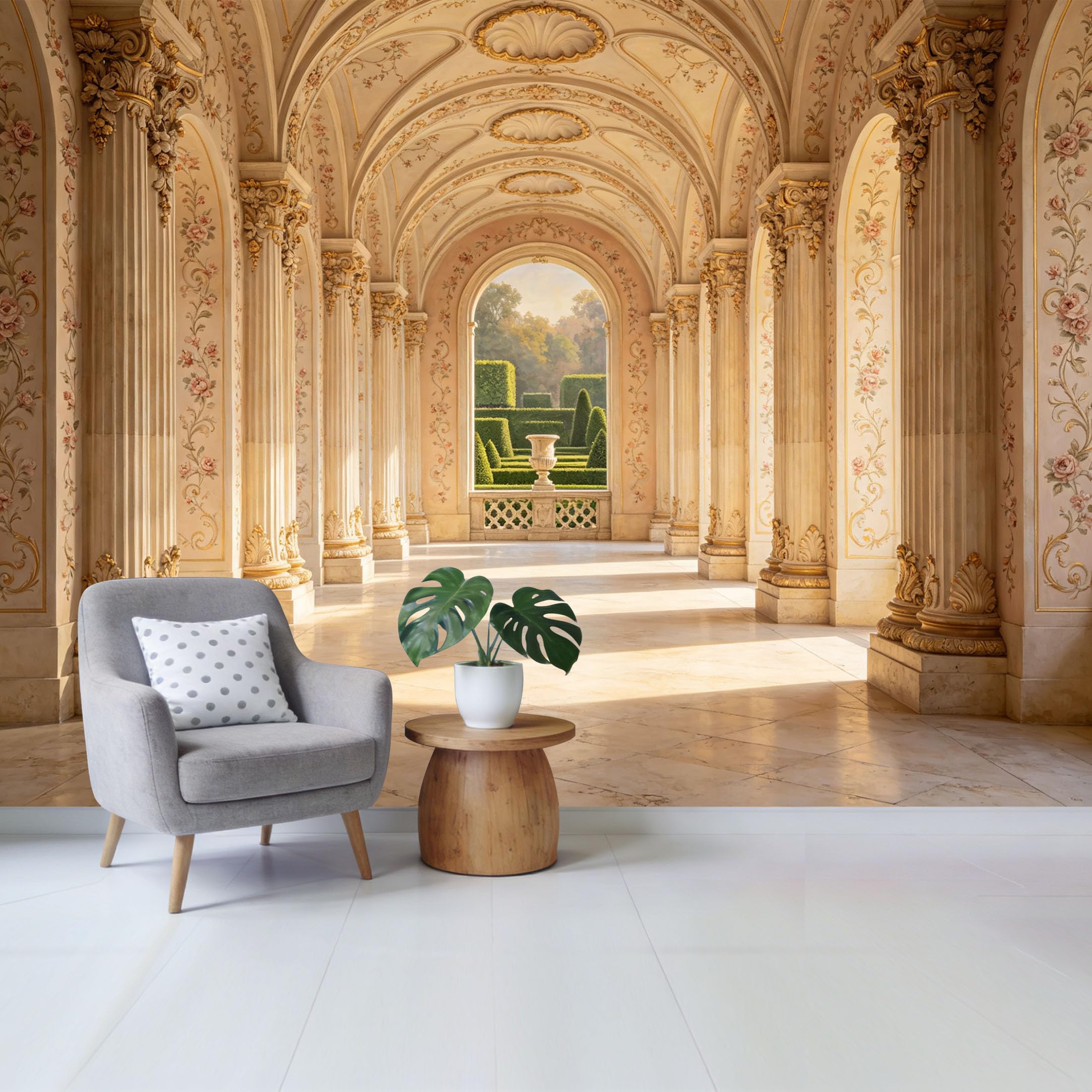 Removable Self Adhesive Fabric Mural， Neoclassical Palace Hallway Garden View Custom Size Wall Covering， UV Protected Waterproof Washable Wall Decor for Living Room Bedroom Bathroom