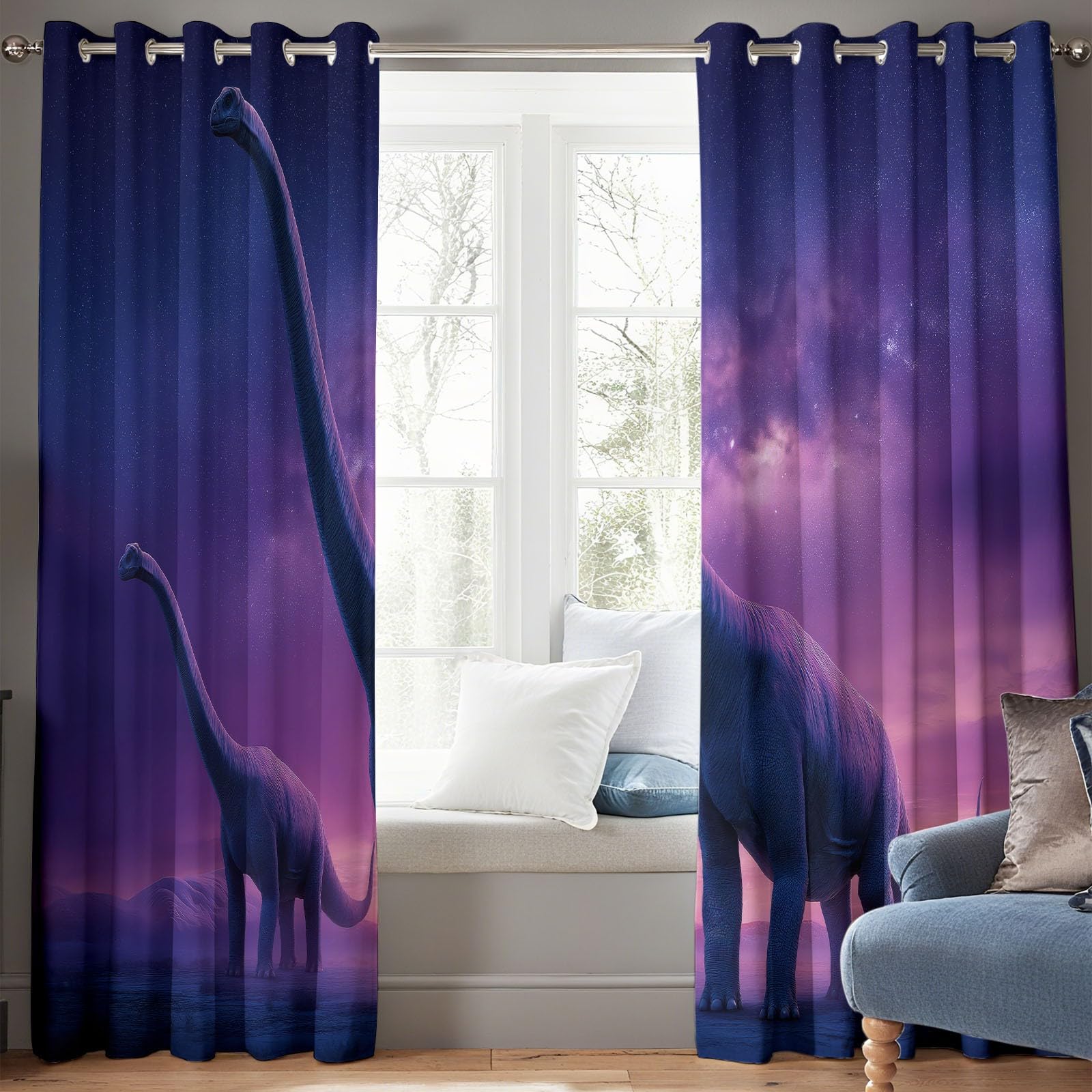 Fantasy Gwiaździsta Dolina, Brontozaur, Zasłony zaciemniające do pokoju dziecięcego (szer. 234 x dł. 183 cm), jasnofioletowe, izolacja termiczna, przelotki, zasłony zaciemniające do sypialni i salonu