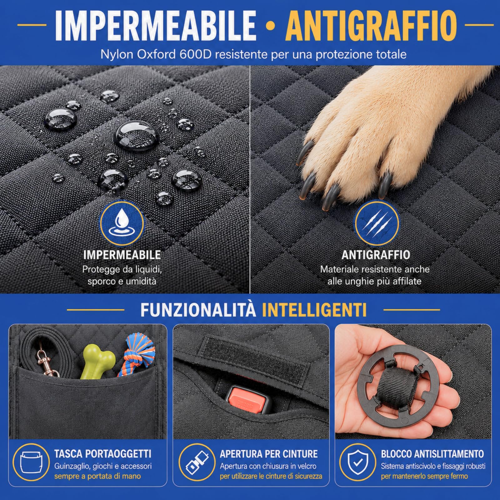 Coprisedile Auto per Cani – Telo Auto Cane Universale per Sedili Posteriori e Bagagliaio Oxford Impermeabile Antiscivolo Antigraffio - Protezione Sedili Auto per Cani con Tasca Porta Accessori