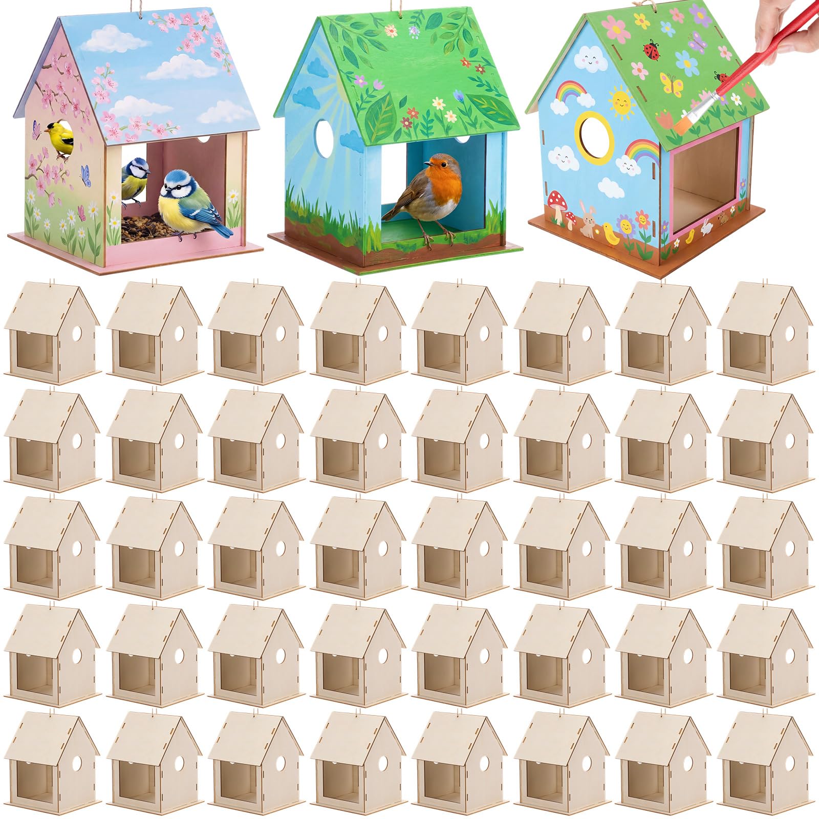 DoubleFill Confezione da 40 mangiatoie per uccelli in legno per bambini, per creare la propria mangiatoia per uccelli, kit di pittura fai da te, casetta per uccelli, artigianato per bambini, per
