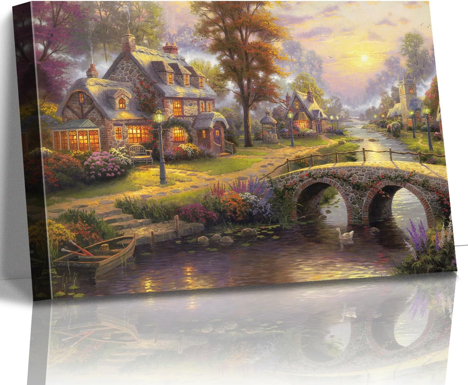 Thomas Kinkade Canvas Wall Art, River Village Stone Bridge Flower Filled Swan and Glowing Cottages Oil Painting Poster Rustic Wall Decor, Framed Prints for Home Decor, 16x12Inch
