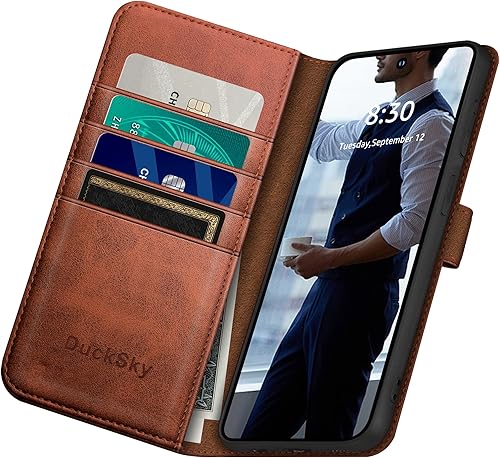 Miniatura 10 de Funda tipo cartera de cuero genuino para Samsung Galaxy S22 Ultra con bloqueo RFID, 4 tarjeteros de crédito. Cuero auténtico. Funda protectora para