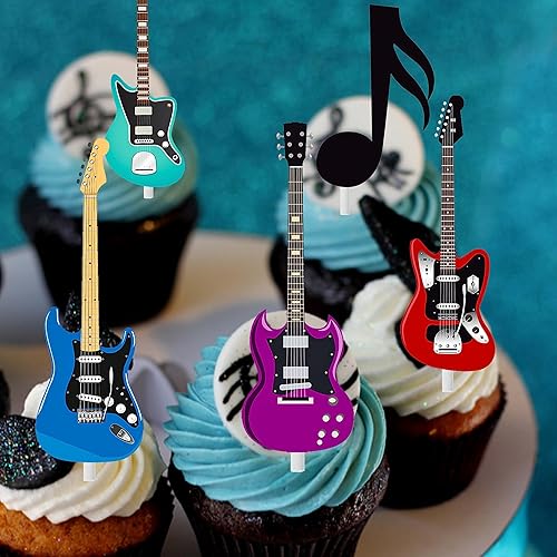 Miniatura 7 de Decoración de guitarra, 48 piezas de guitarra de rock, para tartas de cumpleaños, notas musicales, decoraciones de fiesta para guitarra, músico,