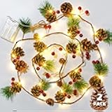 2 Pack Pine Cone Christmas String Lights, Total 13FT 40LED Battery Operated Christmas Garland with Red Berry Pine Cone Fairy String Lights for Indoor Outdoor Xmas Decorations