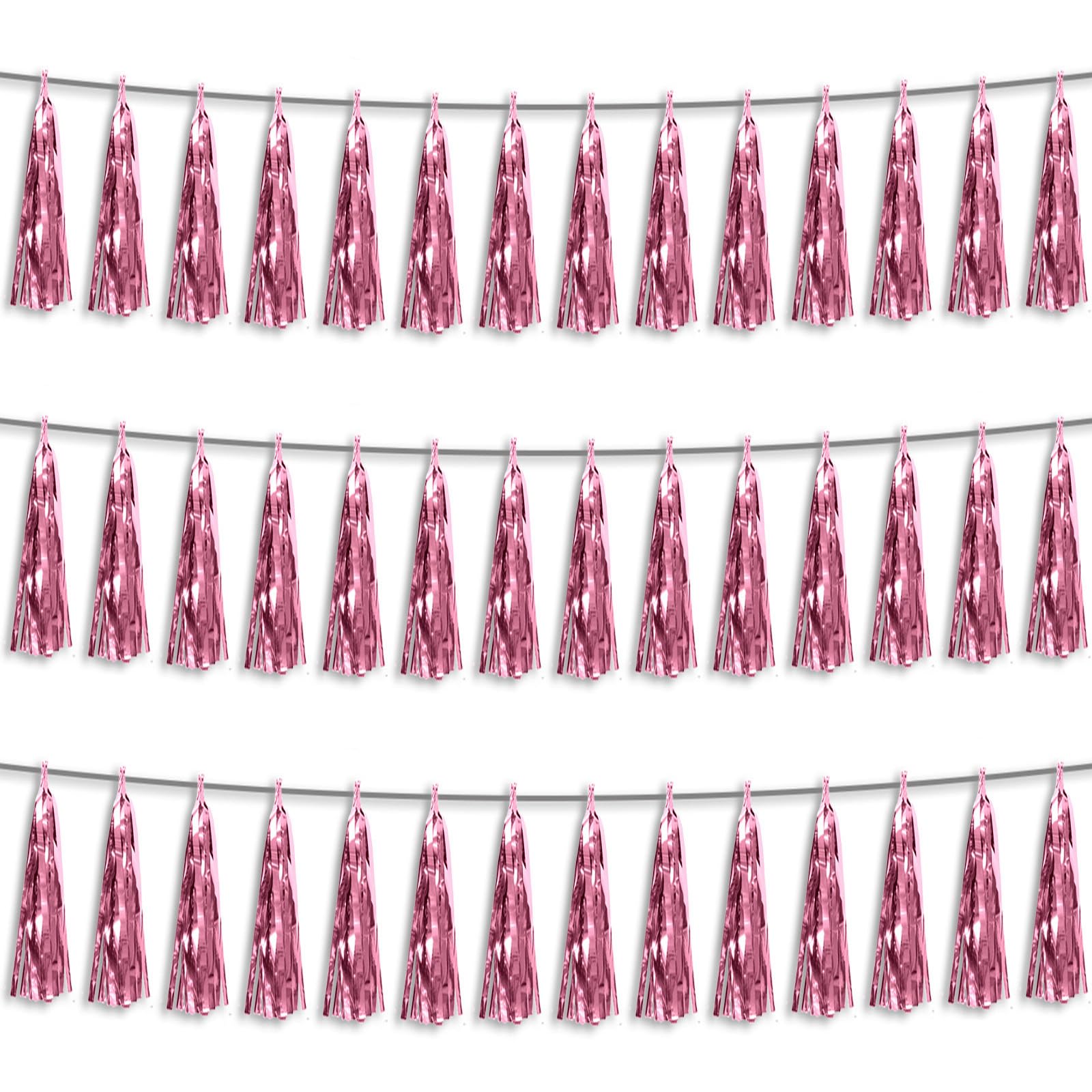 3P Light Pink Foil Fringe Metallic Tassel Streamers Banner Tassel Garland for Parade Floats, Bachelorette, Wedding, Birthday, Halloween, Christmas, Bridal/Baby Shower Party Decorations
