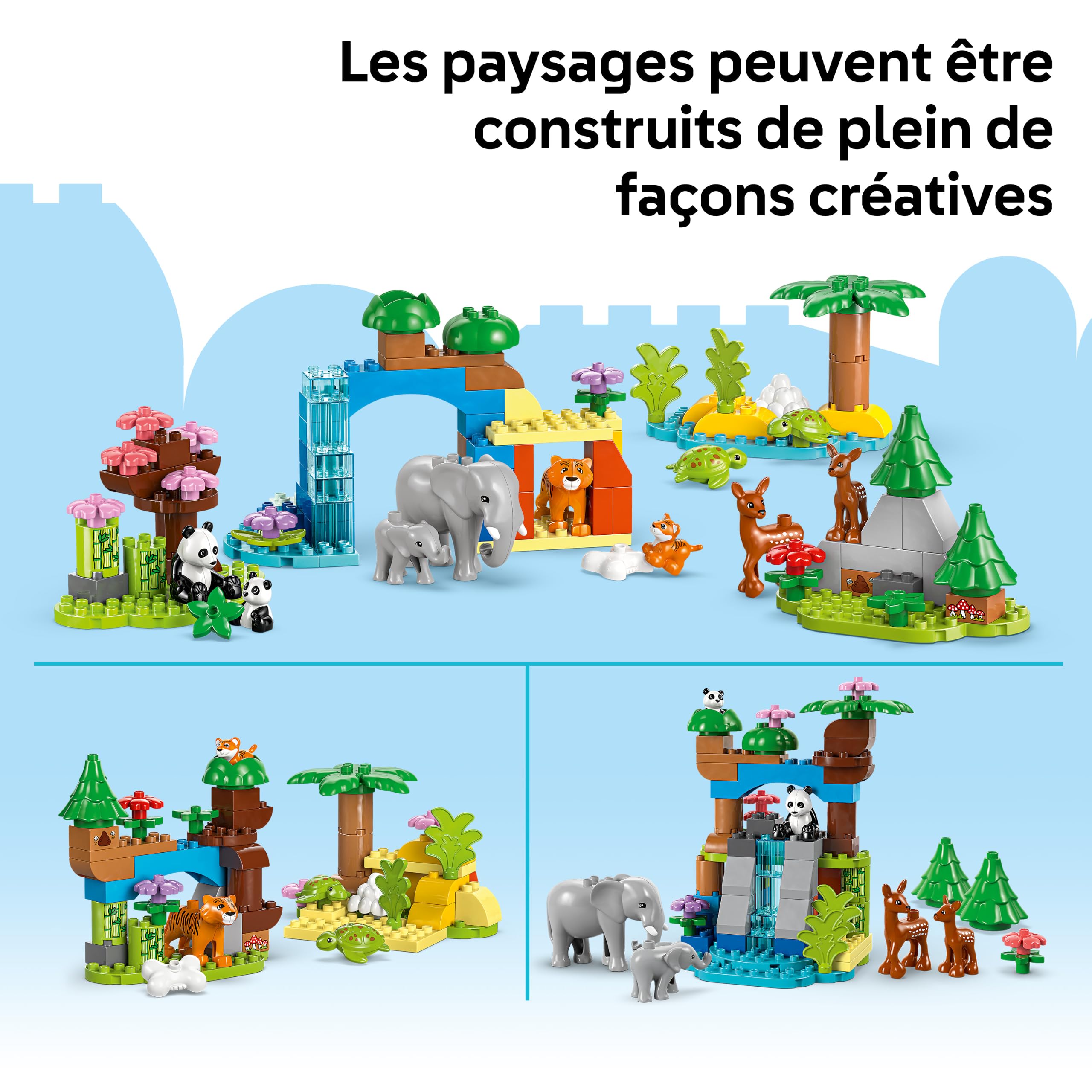 LEGO Duplo Familles d’Animaux Sauvages 3-en-1 - Jouet Éducatif pour Enfants dès 2 Ans - Figurines de Tortue, Tigre, Éléphant, Daim & Panda avec Habitats Constructibles - Cadeau Fille ou Garçon 10446