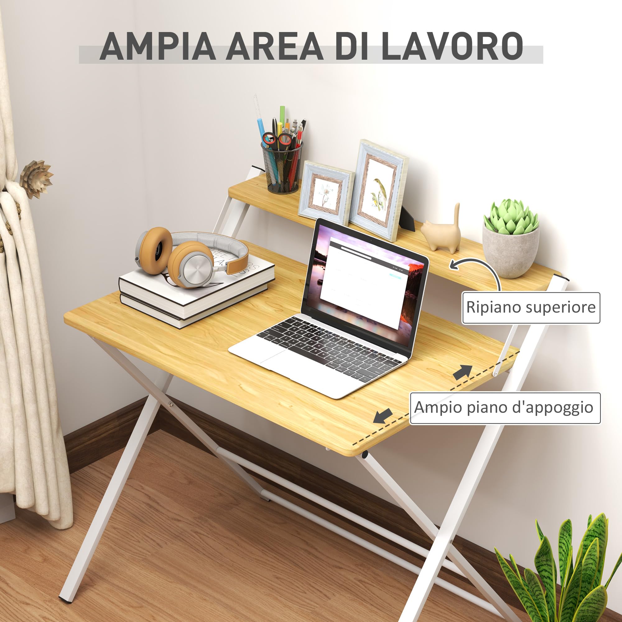 HOMCOM Escritorio Plegable Mesa de Escritorio Plegable con Estante Abierto Escritorio Pequeño para Estudio Hogar Oficina 86x66x82 cm Natural