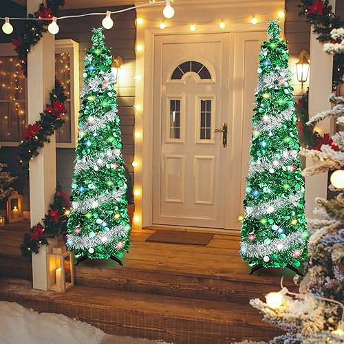 Miniatura 6 de Árboles de Navidad de 5 pies con 90 luces coloridas, árbol de Navidad plegable de lentejuelas artificiales, árbol de Navidad de oropel alto y