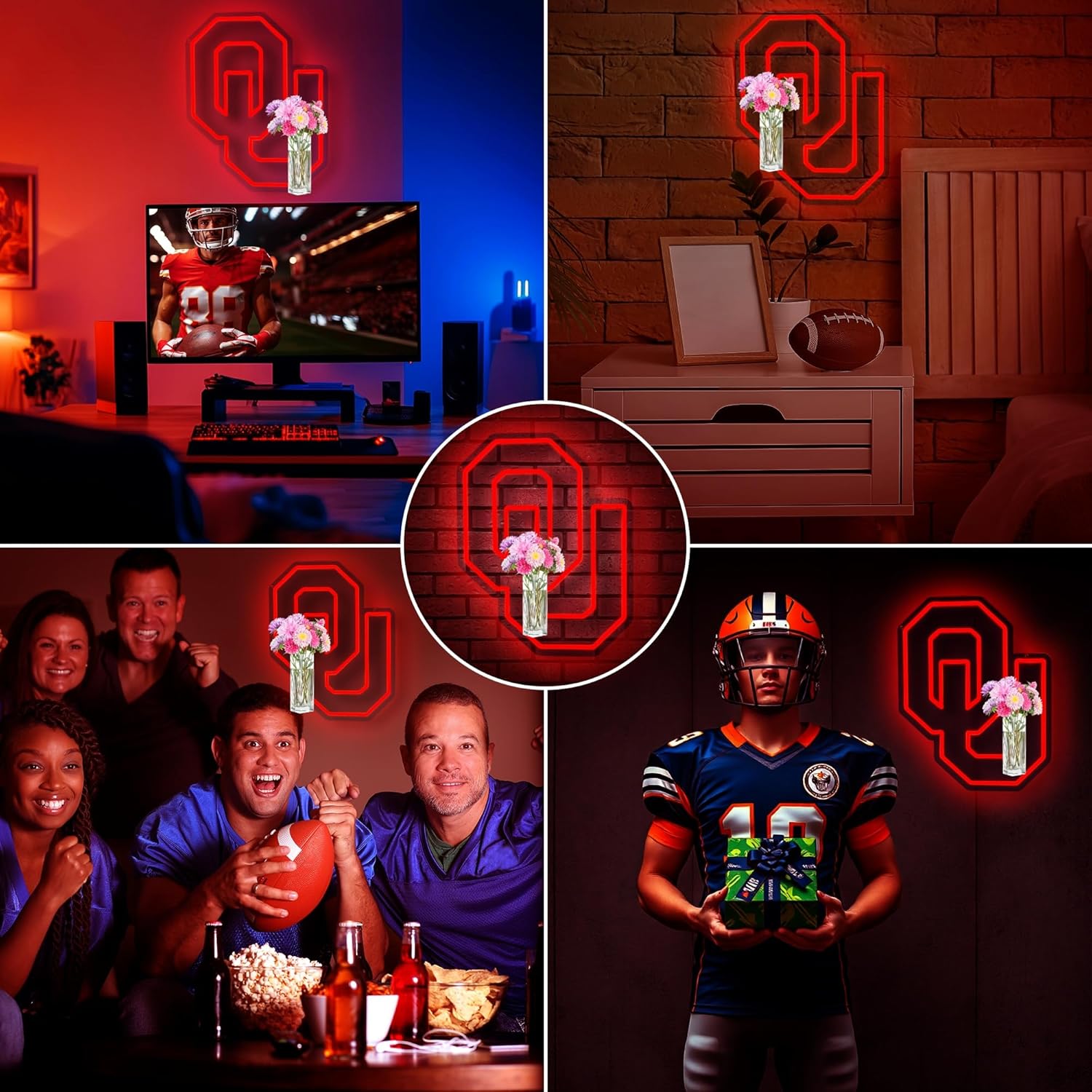 University Football Team Neon Sign, Light Up Dimmable OU College Team Logo Led Neon Sign Light Hanging for Wall Decor, Bedroom, Dormitory, Man Cave, Students Birthday Christmas Gift