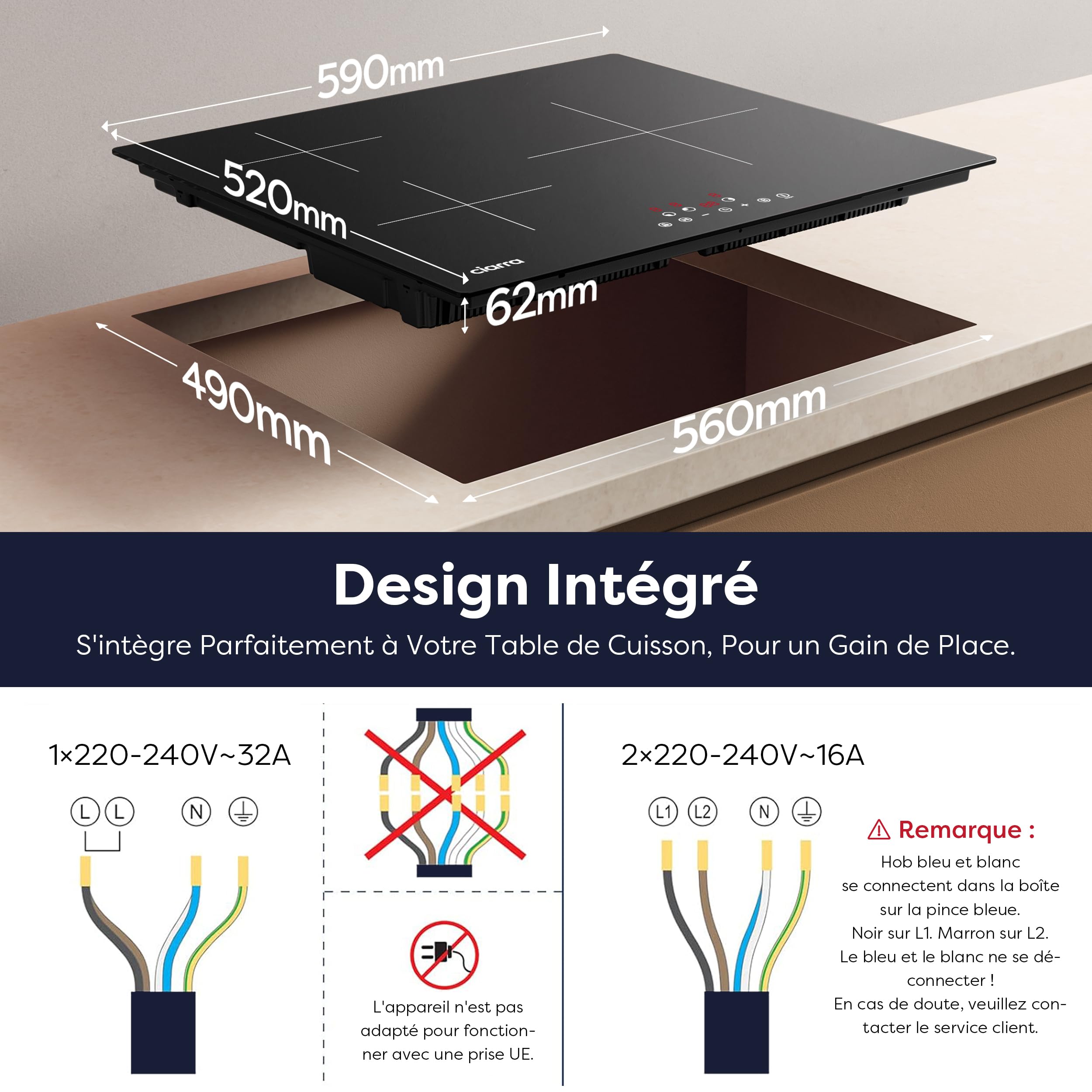 Ciarra Plaque Induction 3 Feux Encastrable 60cm 6200W Fonction Boost | Sécurité Enfant, Puissance Limitée, Minuteur, 9 Niveaux, Fonction Pause, Verre vitrocéramique, CBBIH3