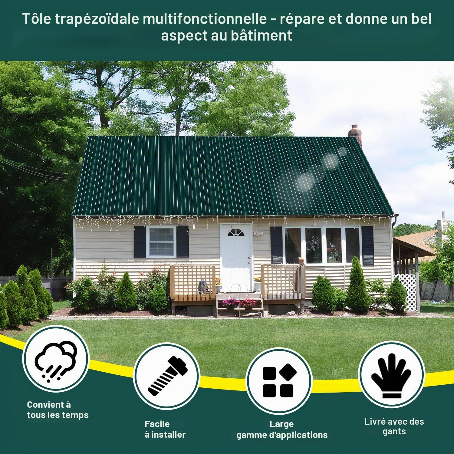 Lot de 48 plaques trapézoïdales en tôle ondulée pour toit 0,25 mm, 0,25 mm, 0,25 mm, 0,25 mm - En acier galvanisé pour abri à outils, abri de voiture et serre - Vert - Avec gants de protection