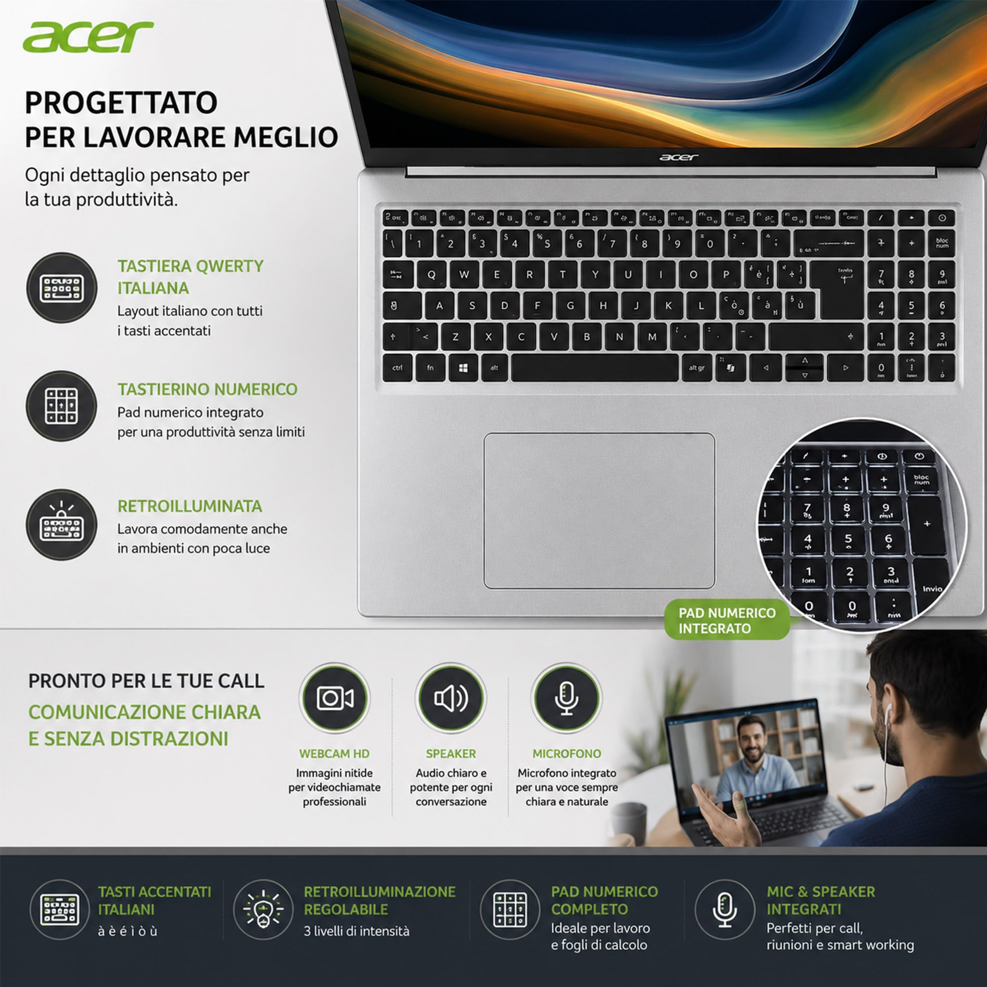 Acer Notebook Intel Core i9 13900H 13Th, RAM DDR5 32GB, SSD PCIe NVMe 1TB | Display 16" WUXGA 120Hz FHD+, 4 USB, Tastiera Retroilluminata, Wi-Fi 6, Display Port, Win 11, Libre Office, Preconfigurato