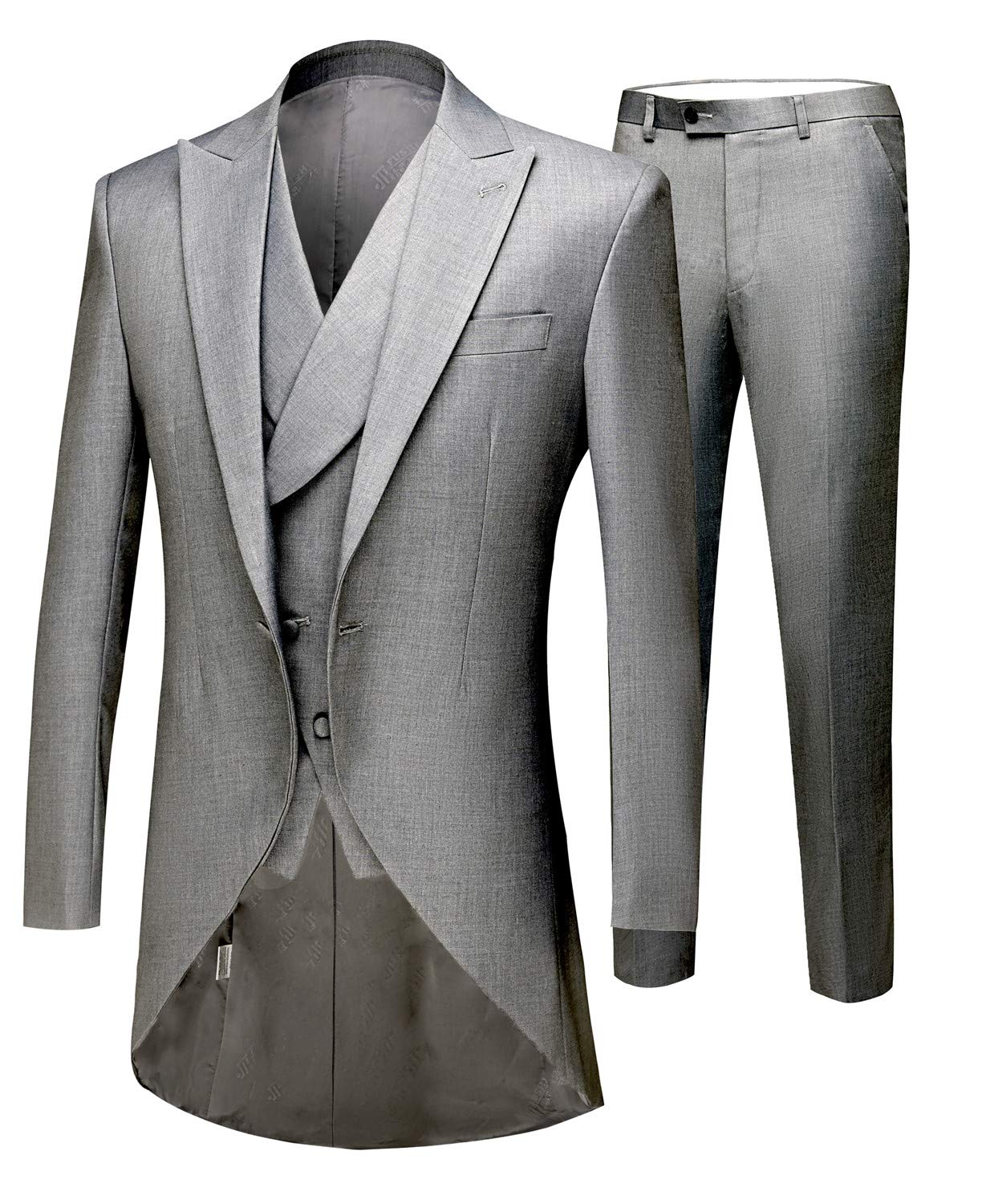 Botong Men's Grey 3Pc Long Tailcoat Suit Notch Lapel One Button Wedding Suits Groom Tuxedos 38 Chest / 32 Waist