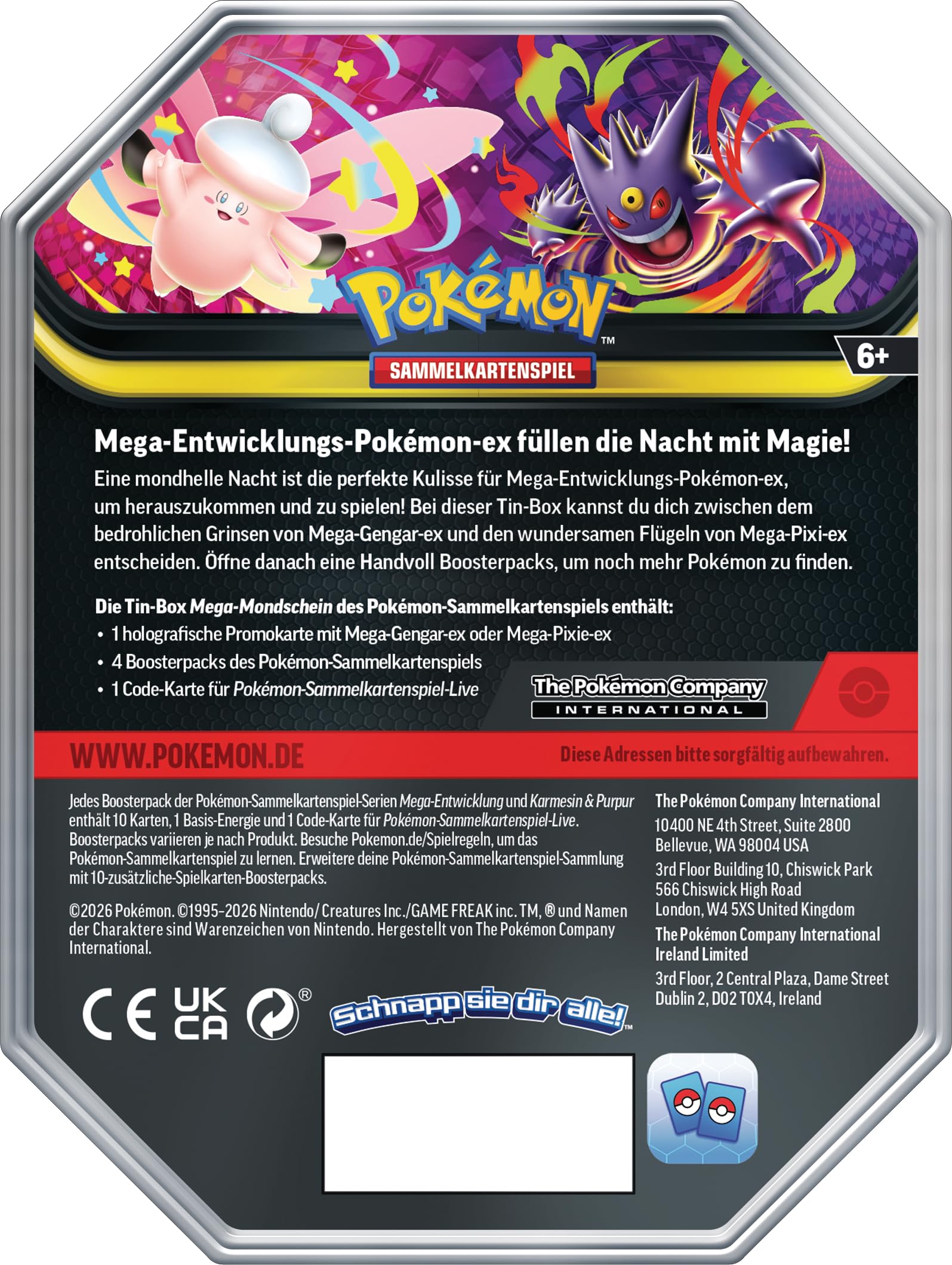 Pokémon Tin Box Mega Pixi ex #129 – Deutsch – Pokémon TCG Box mit 4 Boostern & Promokarte