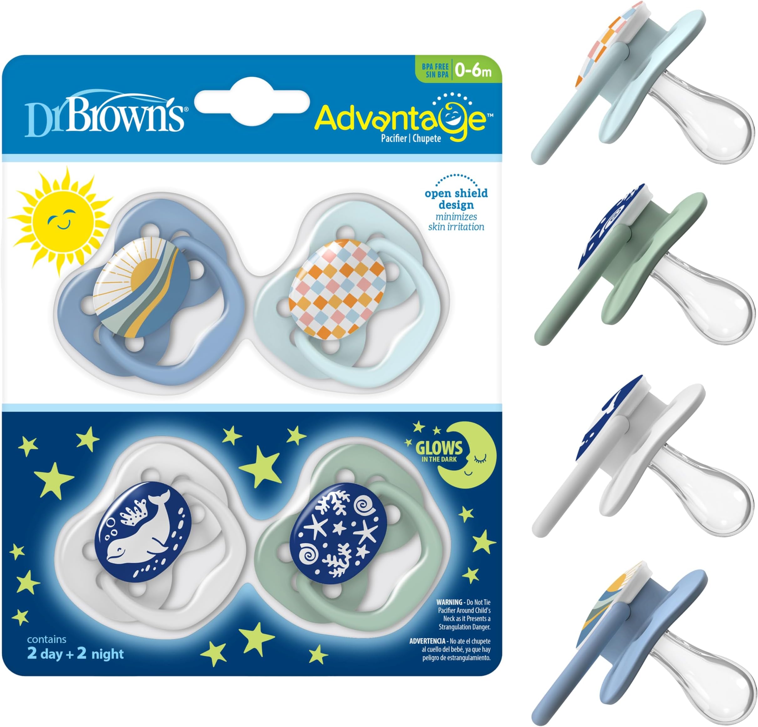 Advantage Glow-in-The-Dark Baby Pacifier, Fully Symmetrical Soother with Soft Silicone Bulb, Blue Sunrise-Blue Ocean, 0-6m, BPA Free, 4 Pack