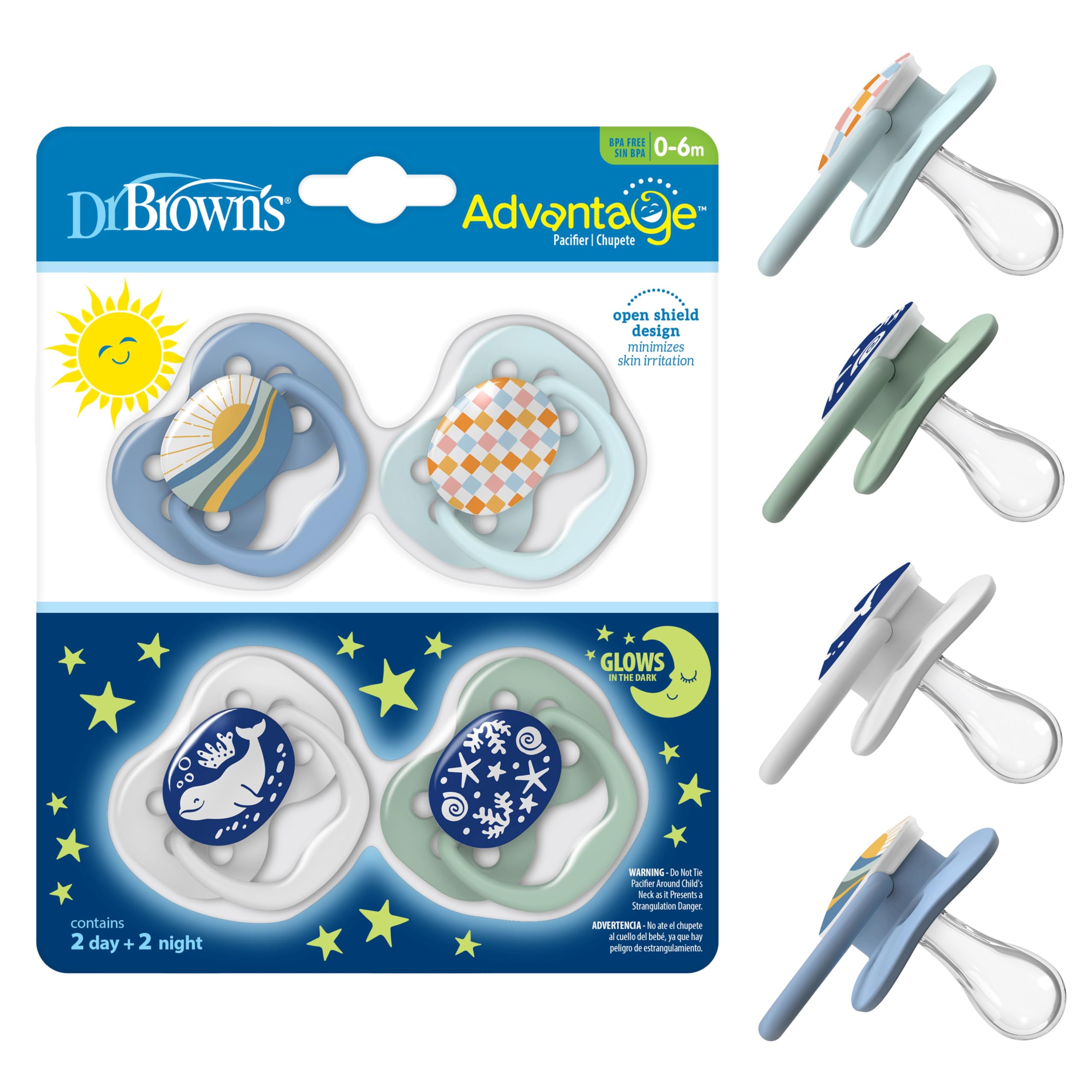 Dr. Brown's Advantage Baby Pacifier, Glow in Dark, Blue Sunrise-Blue Ocean, Silicone, BPA Free, Symmetrical Soother, 0-6 Months, 4 Pack-image-48