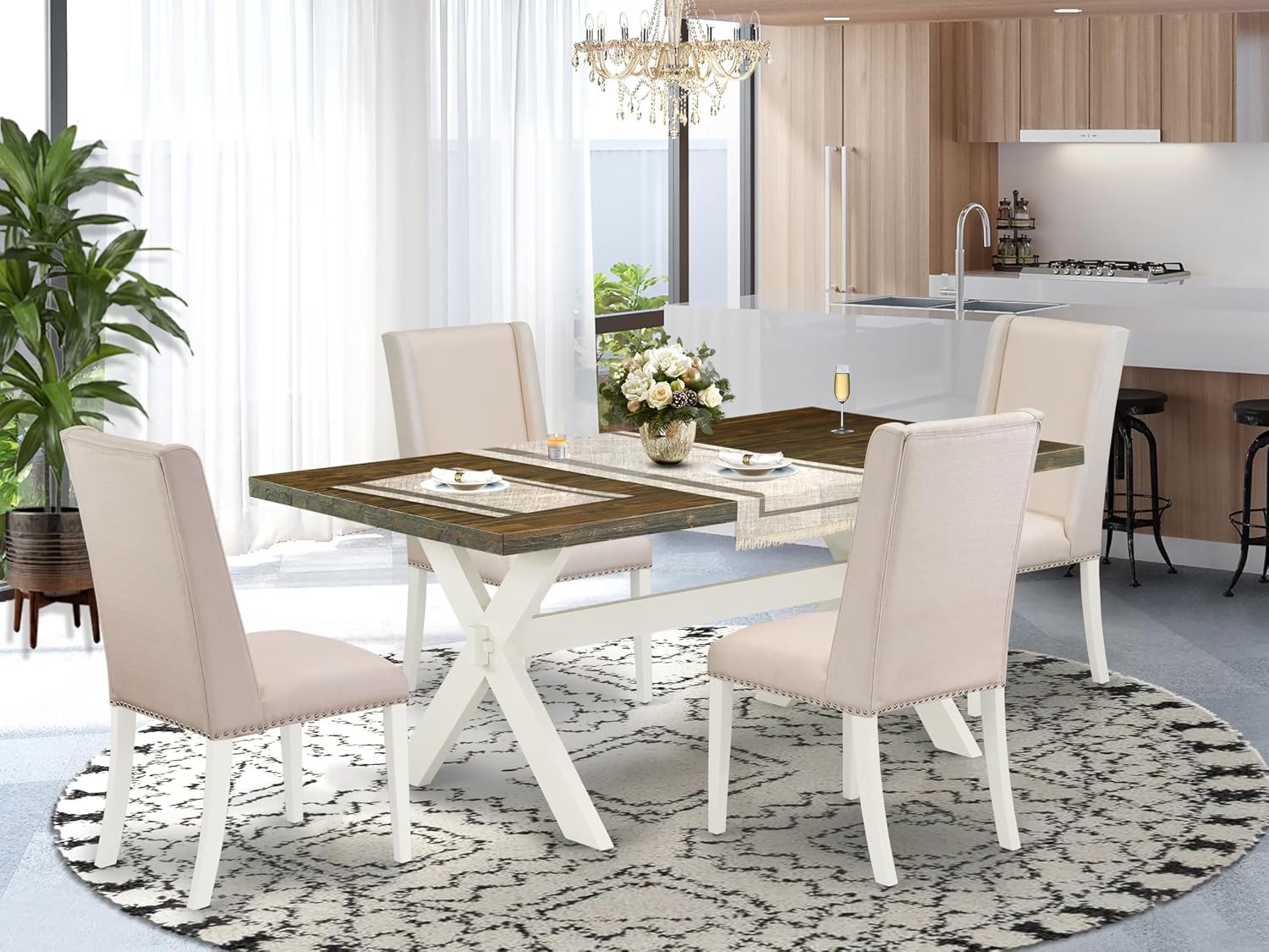 East West Furniture X077FL201-5 5 Piece Dining Room Furniture Set Includes a Rectangle Dining Table with X-Legs and 4 Cream Linen Fabric Parsons Chairs, 40x72 Inch, Multi-Color