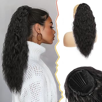 BARSDAR Black Brown Curly Wavy Drawstring Ponytail Extension 22 Inch Synthetic Comb Clip in Ponytail Hair Extensions for Women, Voluminous Fluffy Bohemian Pony Tails Hairpieces Daily Party