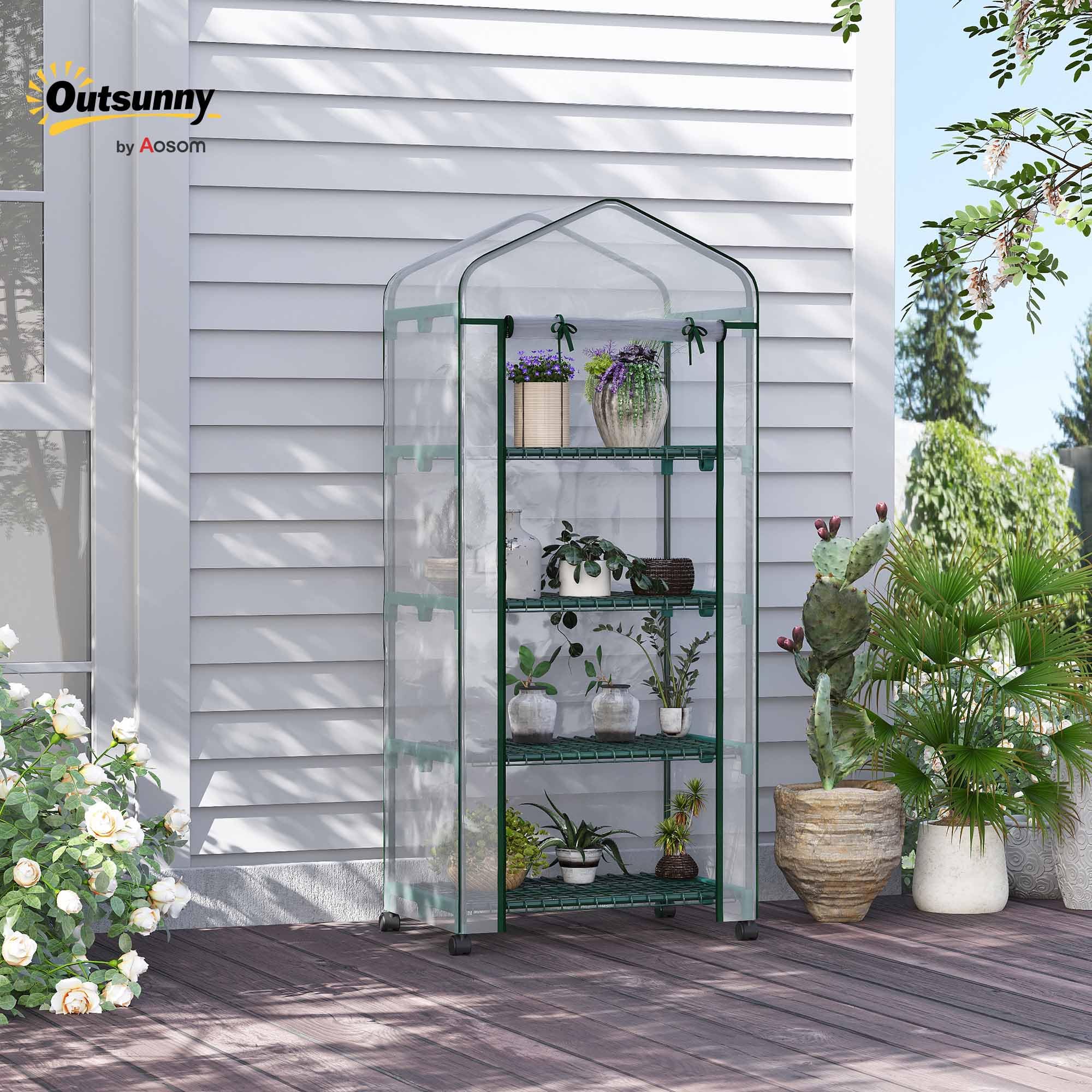 Outsunny Serra da Balcone a 4 Livelli con Porta Avvolgibile e 4 Rotelle, Serra per Orto con Struttura in Acciaio e Copertura PVC, per Orto Verdure Fiori Frutta, 69x50x165 cm, Trasparente