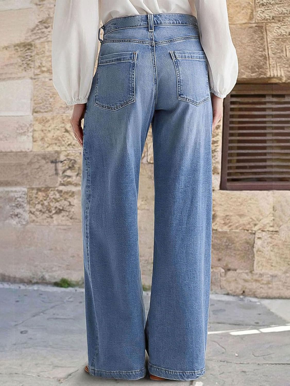 Flamingals Wide Leg Jeans for Women Mid Waist Baggy Stitch Decor Denim Washed Pants Without Belt