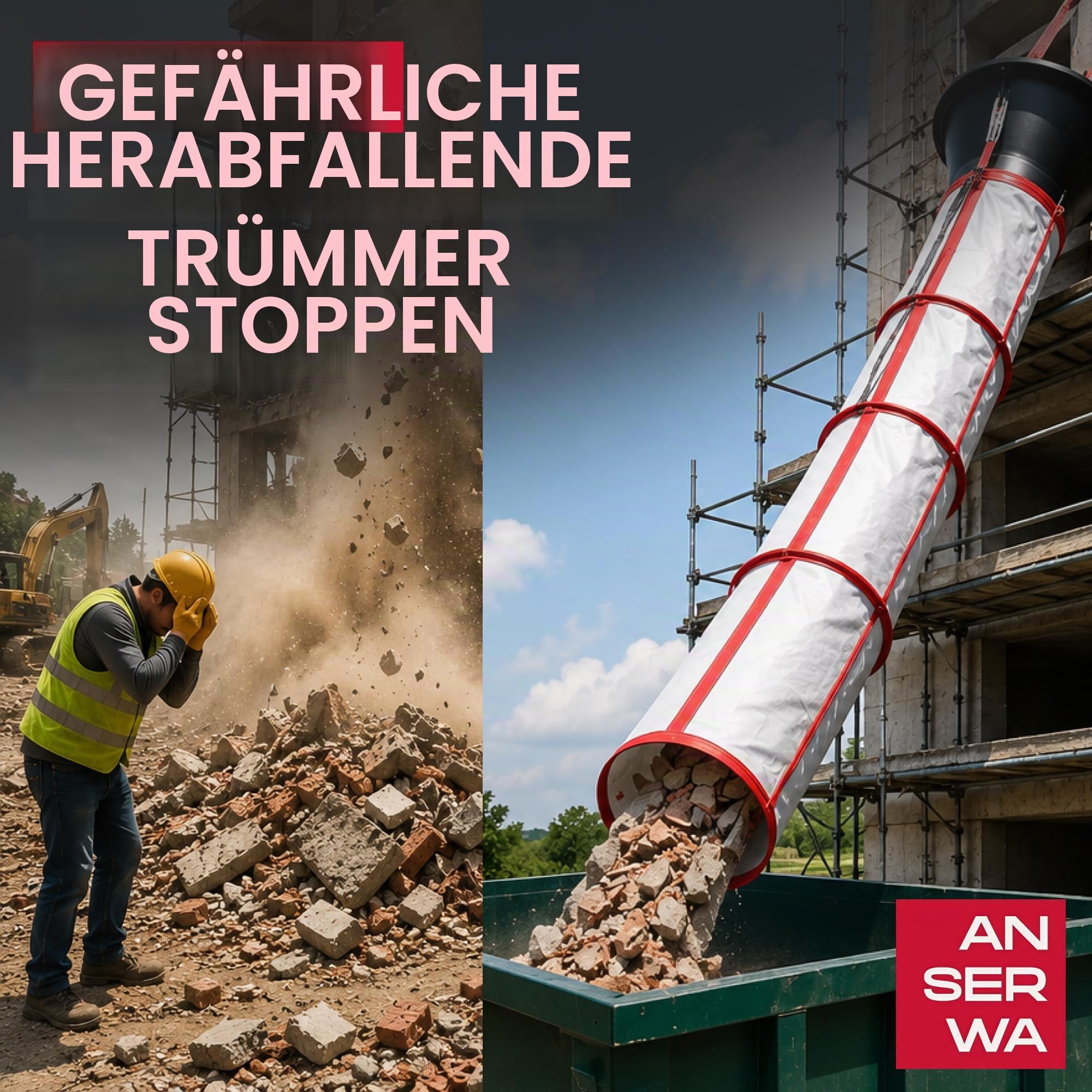 Flexible Schuttrutsche 5m | Bauschuttrutsche mit Einfülltrichter & Spanngurten | Robuste Abfallrutsche für Bauschutt, Renovierung & Baustelle | Schnelle Montage & Platzsparend