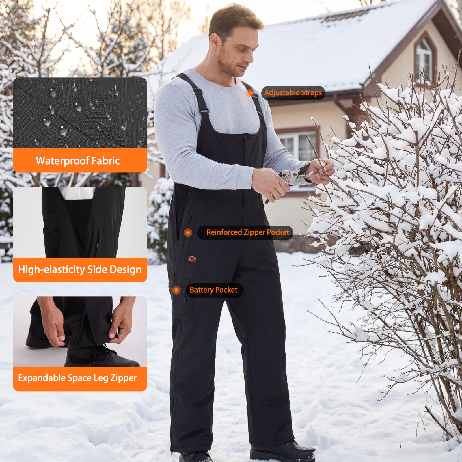 Beheizbare Latzhose Herren Hose mit 7,4V 16000mAh Akku, Wasserdicht Latzhosen für Herren Skihose, Winter Overall Beheizte Arbeitslatzhose Männer Berufshose mit vielen Taschen (XX-Large)