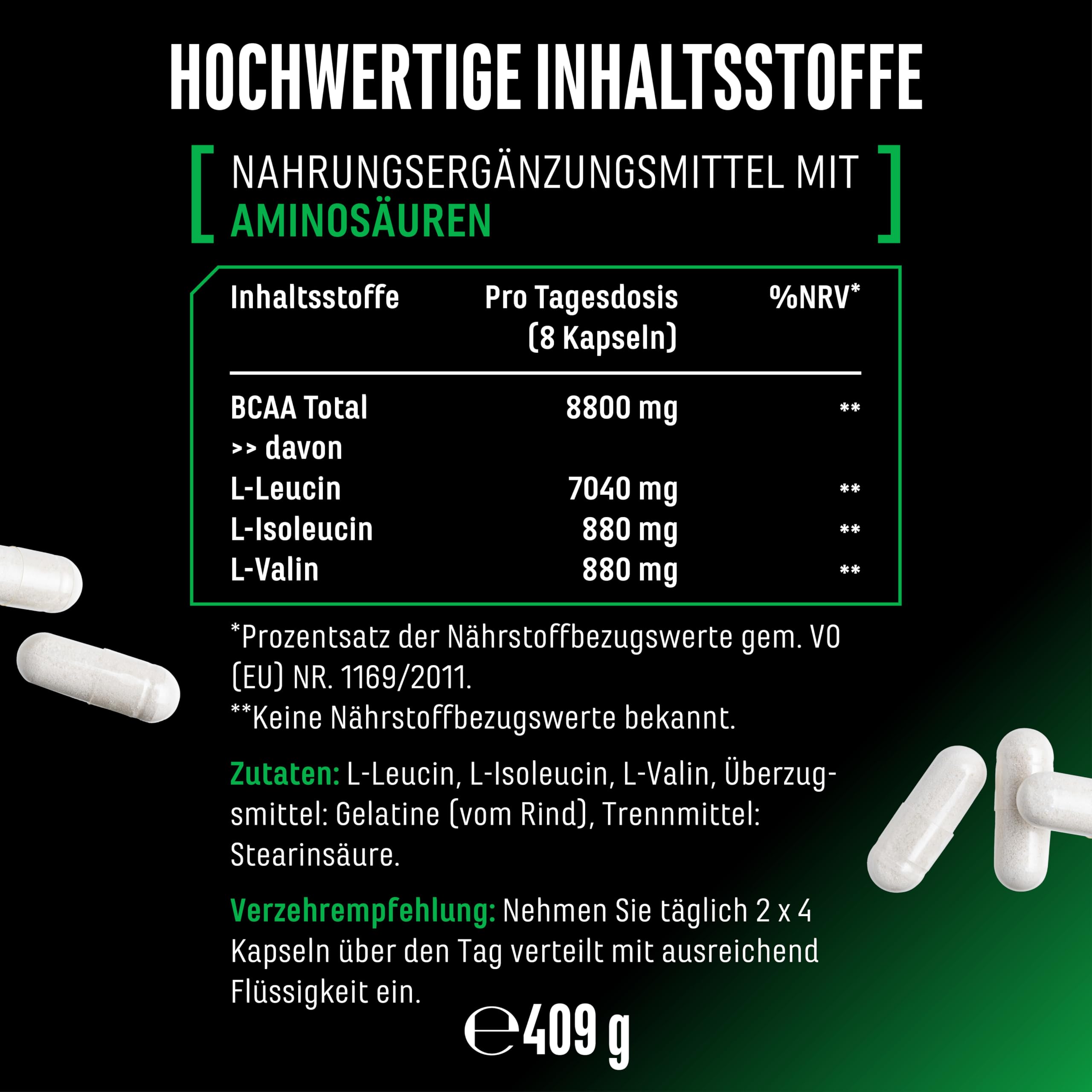 GEN GERMAN ELITE NUTRITION BCAA 8:1:1 ULTRA CAPS® - 320 Kapseln | 1100 mg pro Kapsel, hoher L-Leucin Anteil, 8800 mg BCAA pro Tagesportion, essentielle Aminosäuren