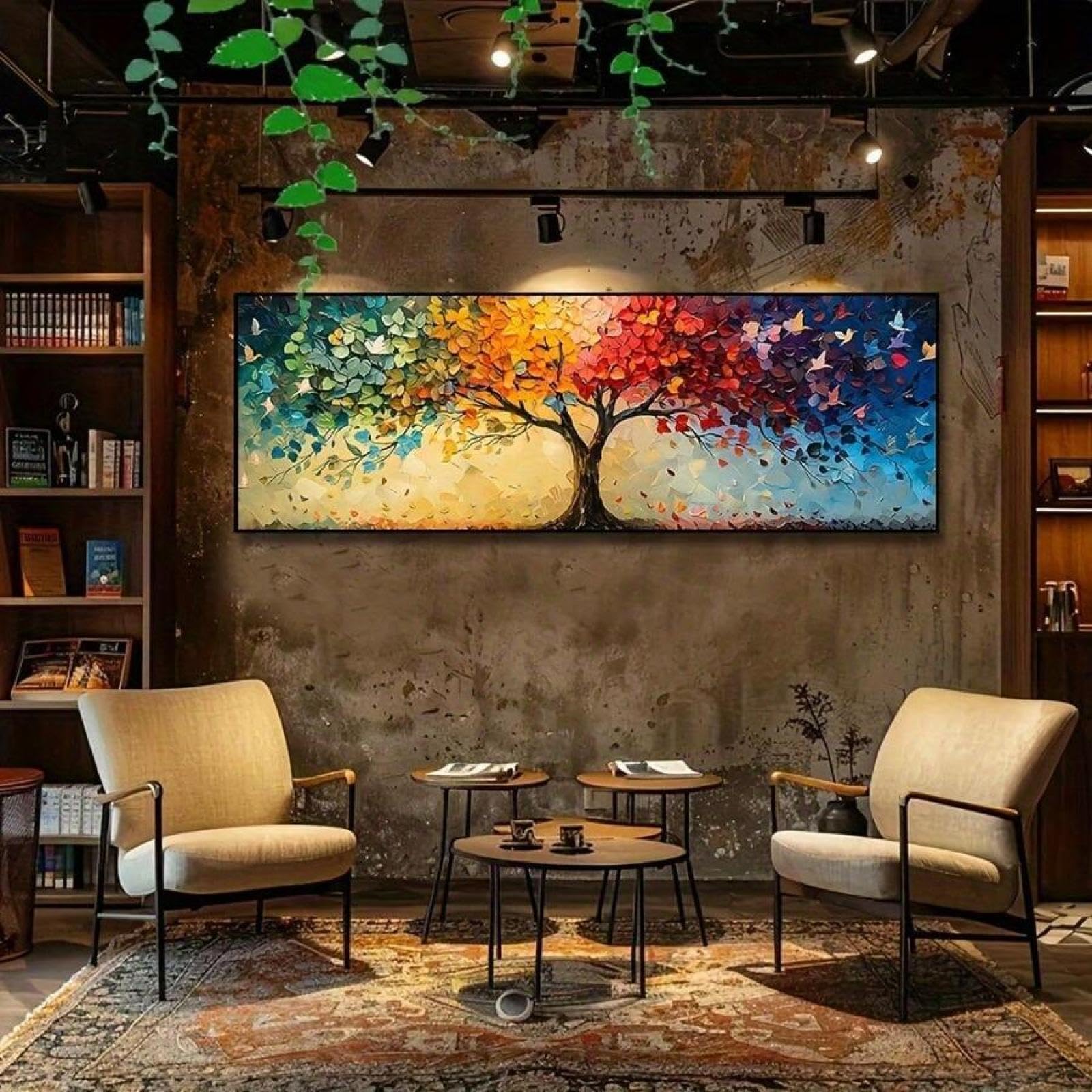 XBTYKPB Cuadro de gran árbol de la vida con diseño geométrico contemporáneo, primavera, verano, estaciones, paisaje, lienzo, arte de pared, impresiones, póster, marco de 50 x 150 cm