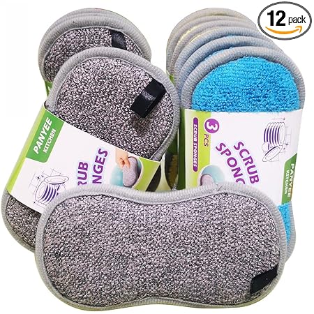 Durable Scrub Scouring Sponge Pad,Non-Scratch Microfiber Sponges Along with Heavy Duty Scrubber for Kitchen Dishes and Pots Cleaning-12Pack