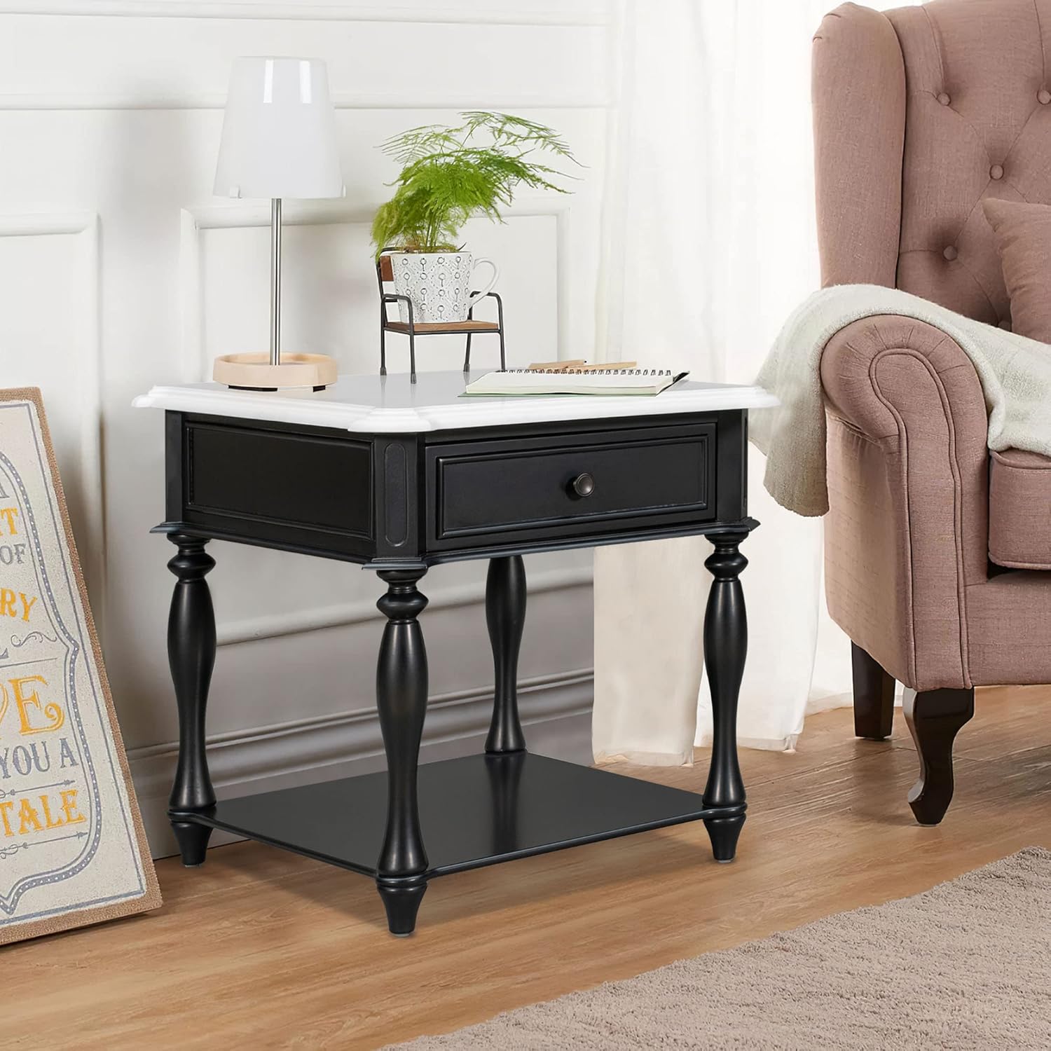 LUMISOL French Country End Table with One Drawer and Shelf