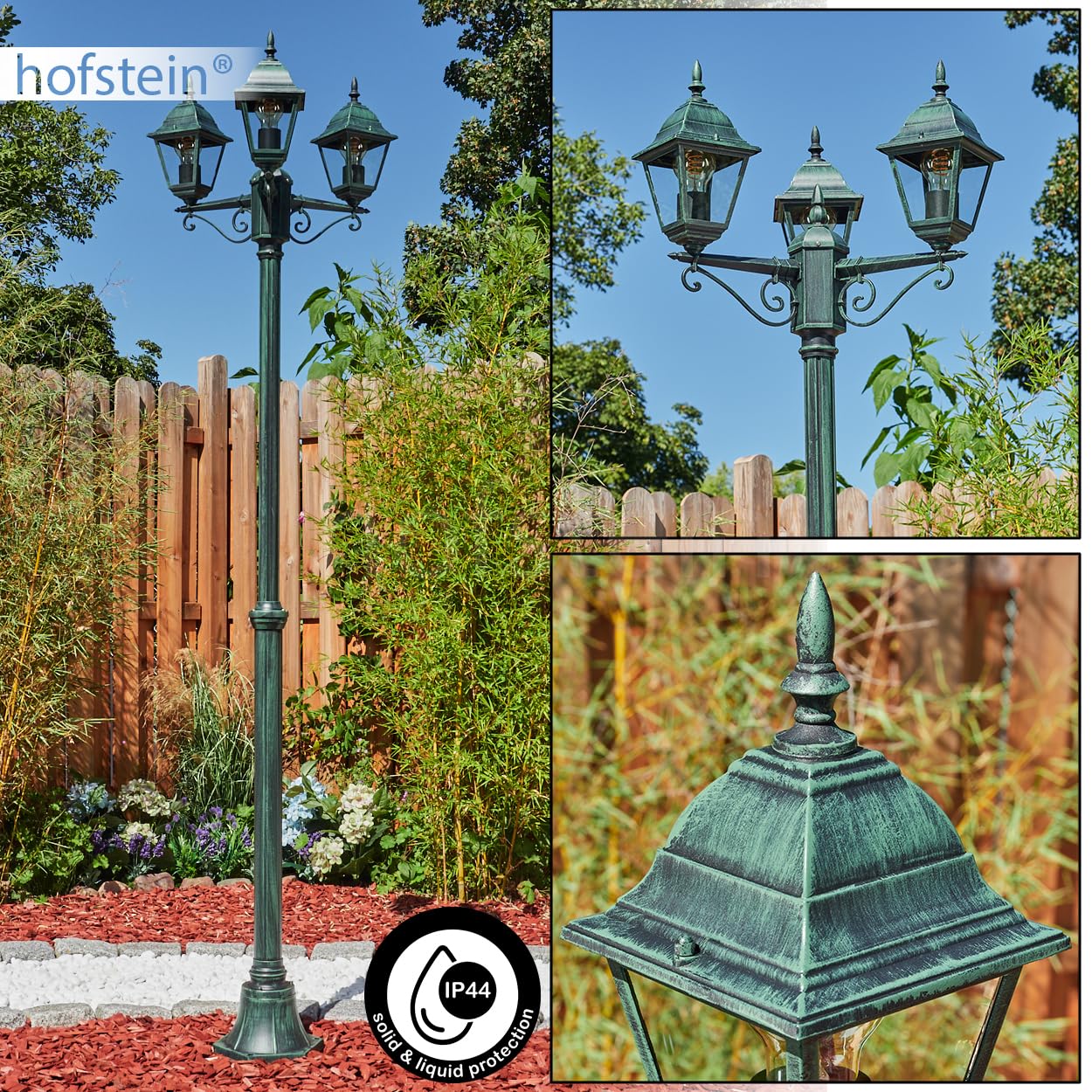 HOFSTEIN Kandelaber Naofe, Außenwegeleuchte aus Metall/Glas in Schwarz-Grün/Klar, Wegeleuchte im Landhaus/Antik/Retro/Vintage-Design für Garten, Außenbereich, Terrasse, Hof, max. 220 cm, 3 x E27, IP44