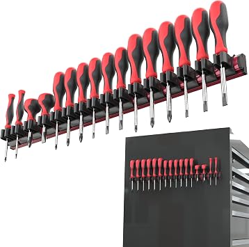 Olsa Tools Magnetic Screwdriver Organizer - Screwdriver Holder with Strong Magnets and Foam Backing - Professional Tool Holder and Tool Organizer - Stores up to 16 Screwdrivers - Red - Part 1008