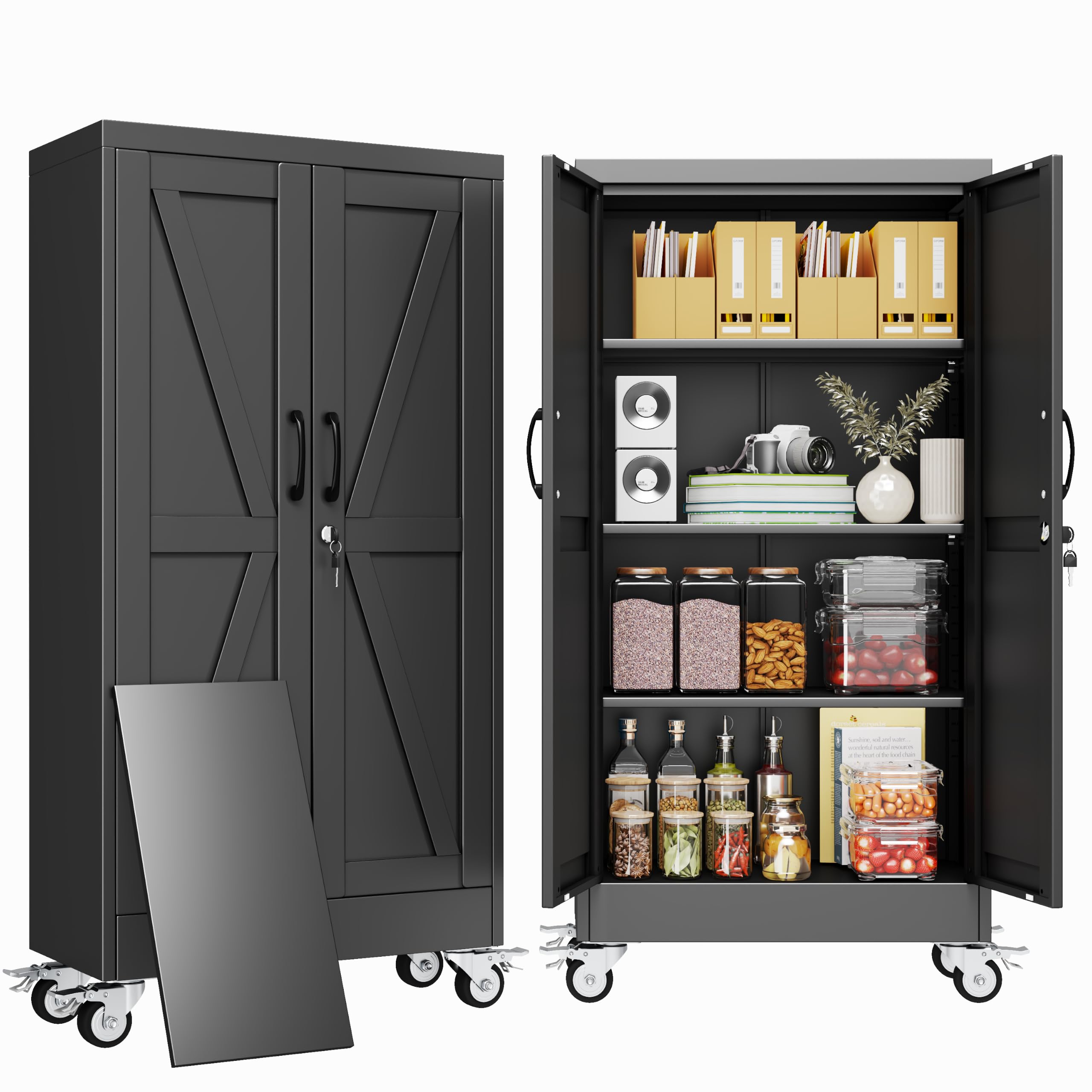 47" Metal Garage Storage Locker Cabinet with Wheels,Rolling Black Lockable Tool Cabinet with 2 Doors and 3 Adjustable Shelves, Steel File Cabinet for Home Office Warehouse Gym