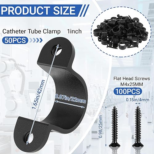 Miniatura 2 de Juego de 50 correas de tubo de PVC de 1 pulgada con 100 tornillos de acero, 2 agujeros de plástico para conductos, clips negros en forma de U para