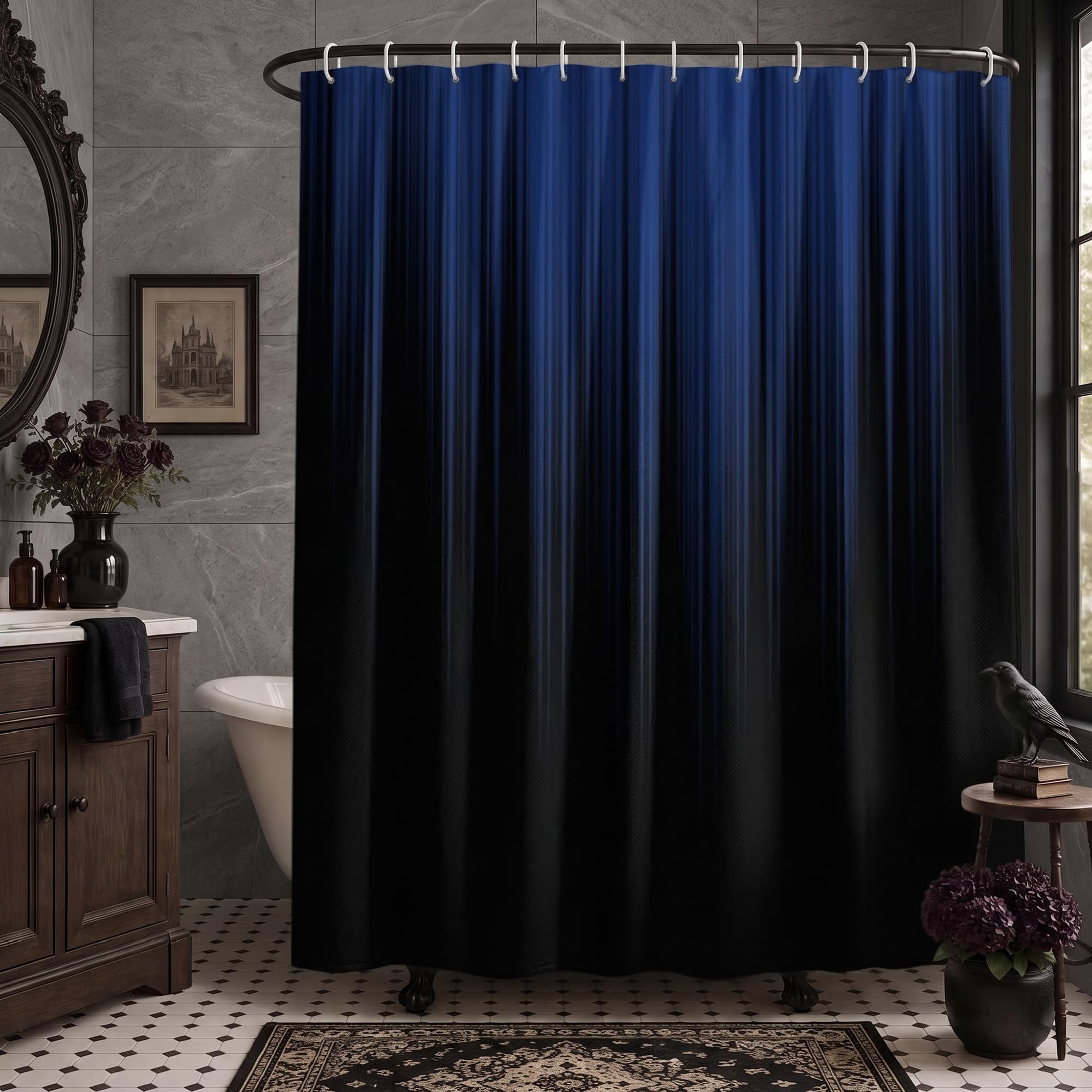 AAtter Navy Blue and Black Shower Curtain, Ombre, 60x72 Inch, 12 Hooks