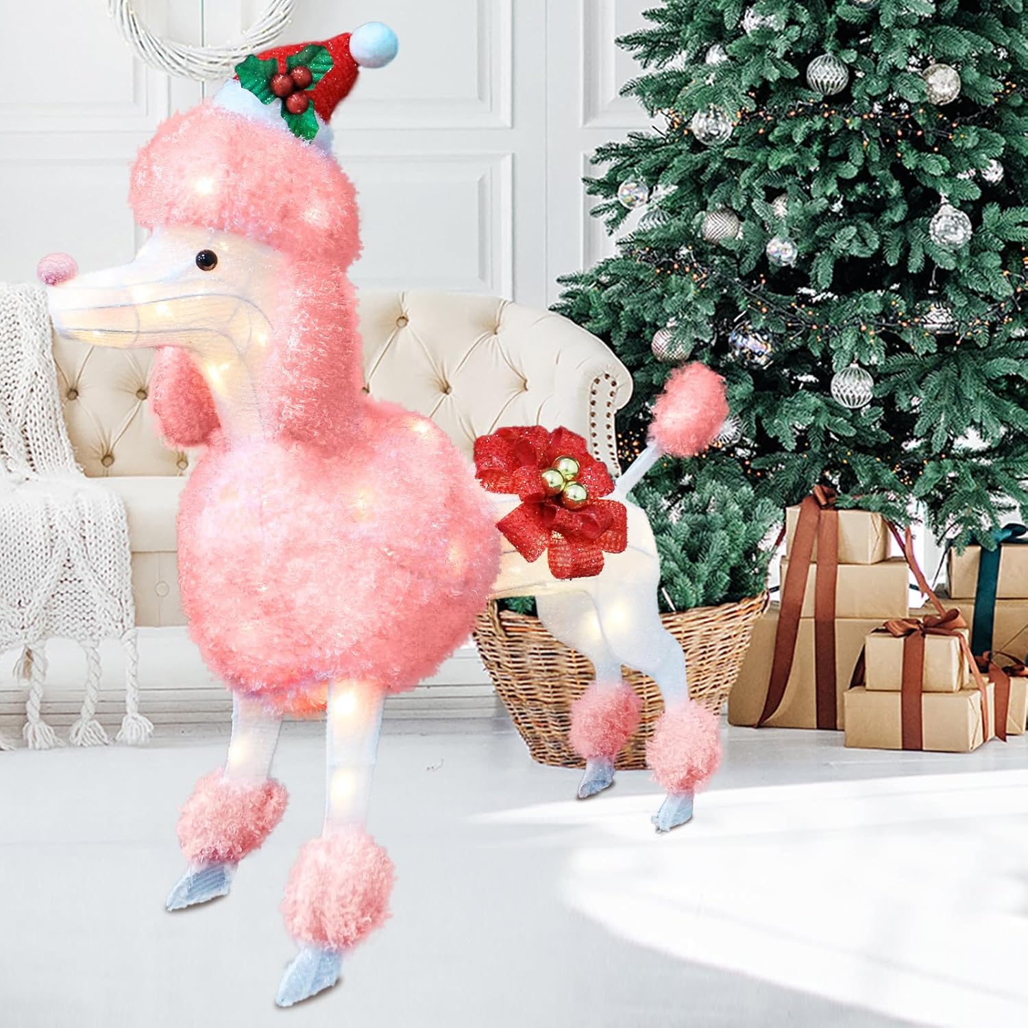 35" Christmas Poodle Dog Decoration with Lights,3D Pink Dog Lighted-up Outdoor Indoor Christmas Decoration,Cute Hairy Puppy with Red Christmas Hat Indoor Porch Outdoor Yard Holiday Decor - Image 6