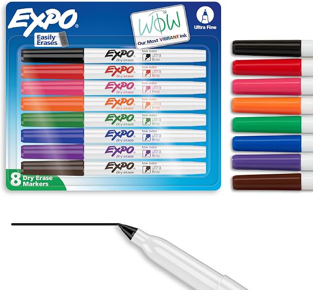 EXPO Dry Erase Markers, Low Odour Ink, Assorted Colours, Ultra Fine Tip, 8 Count
