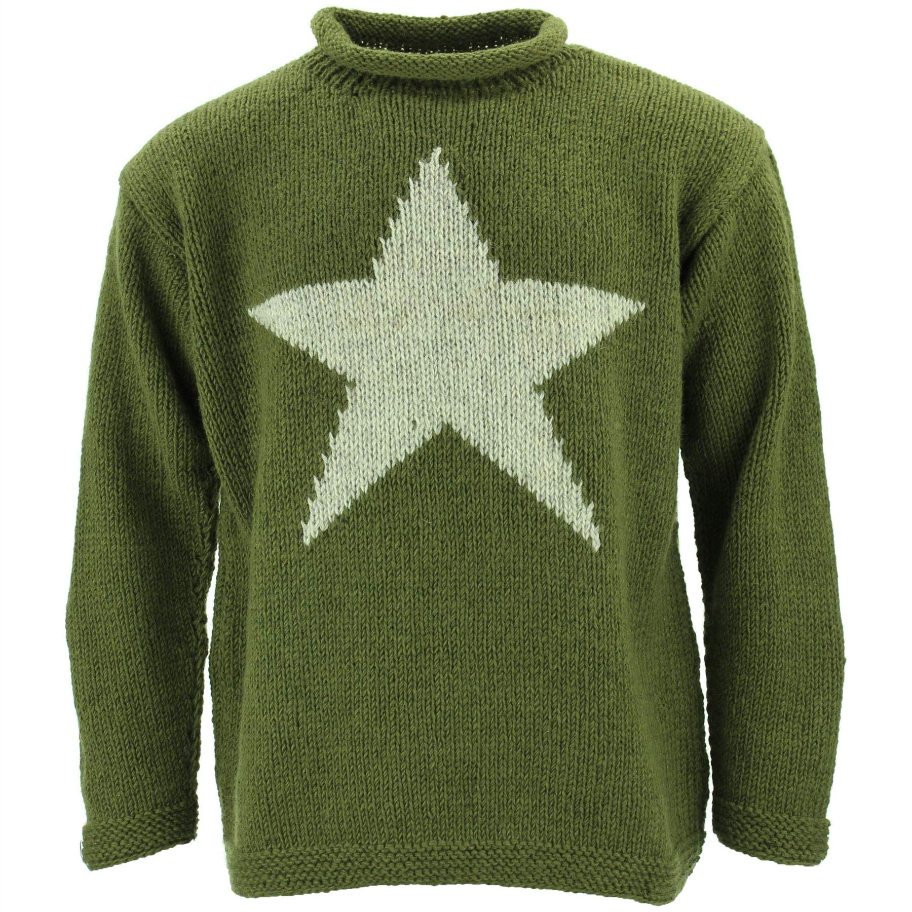 LOUDelephant Chunky Wool Knit Star Jumper - Green & Light Grey (3X-Large)