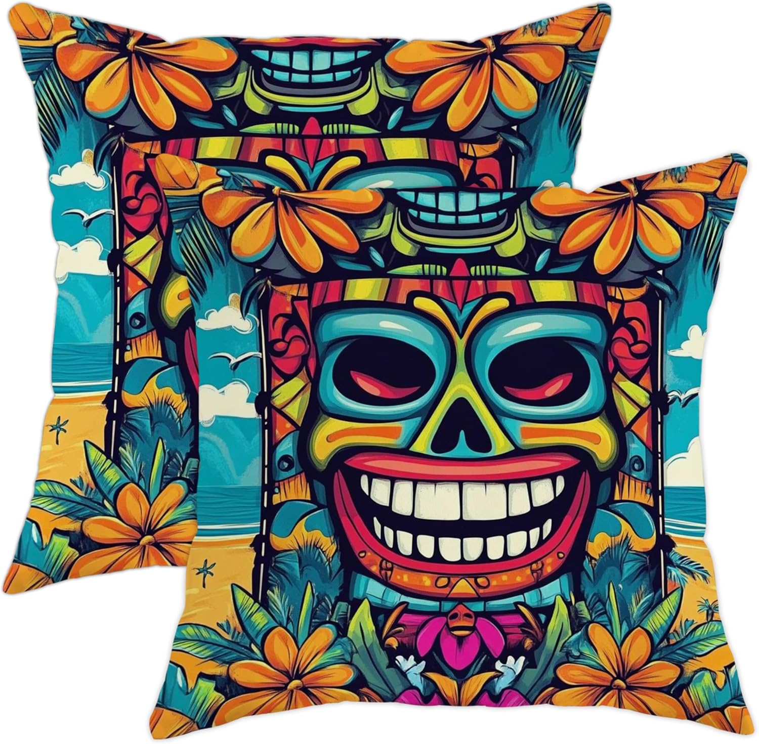Hawaiian Tiki Mask Throw Pillow Covers Set of 2, Colorful Beach Floral Bohemian Decorative Cushion Covers for Tropical Home Sofa Couch 24x24 Inch