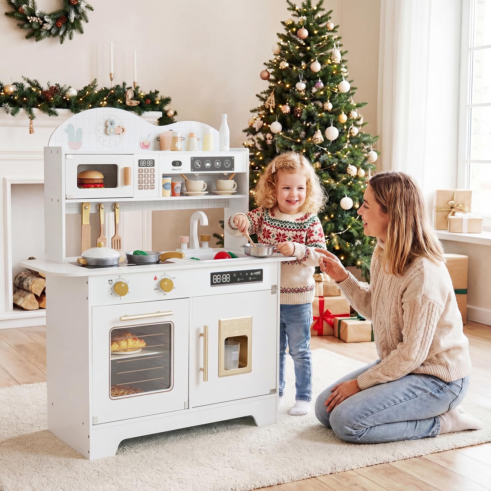 COSTWAY Kinderküche, Spielküche Holz mit 17 Zubehörteilen, Spielzeugküche mit Backofen, Eismaschine, Mikrowelle & Herd, Holzküche für Kinder ab 3 Jahren (Weiß)