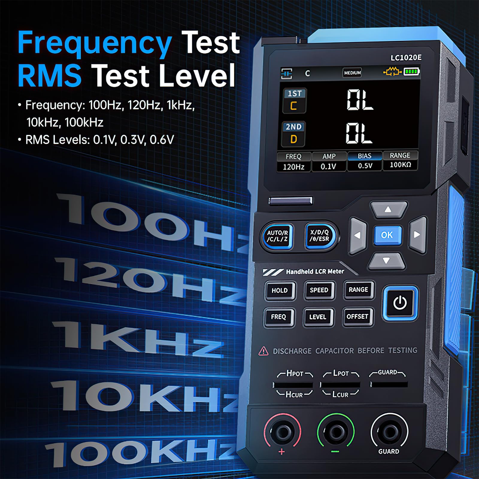 LCR Messgerät, LCR-Meter Digitalbrücke Einstellbare Frequenz 100 Hz -100 kHz ESR Tester LCR Meter mit LCD-Display für Widerstandskapazität Induktivität Messung