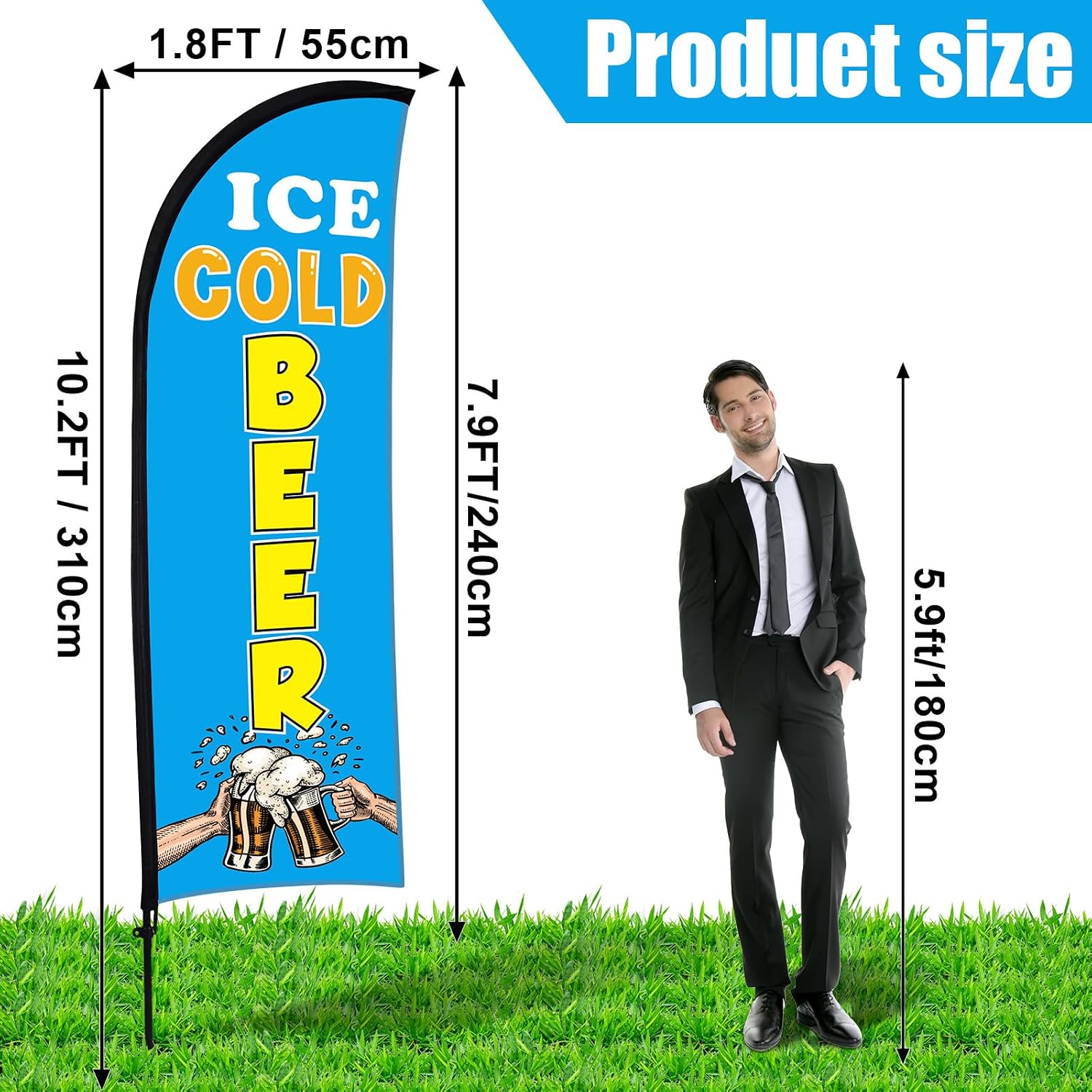 Buryeah 12ft Ice Cold Beer Flag Banner for Business Advertising Feather Flag Sign with Flagpole Ground Stake Portable Bag Ice Cold Beer Signs Banner for Outside (Blue)