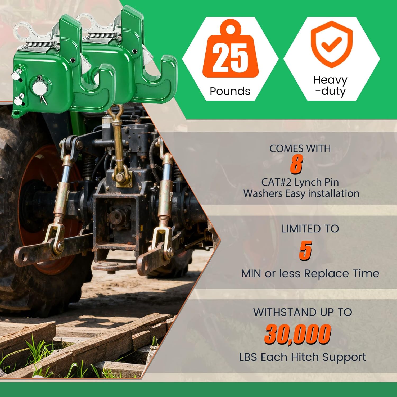 Cat2 Tractor Easy Change Quick Hitch System, 3-Point Hitch Adapter for Tractors and Implements, Durable&Easy Installation, Stabilizer Bar Included for Reduced Sway and Stable Attachment(Green)