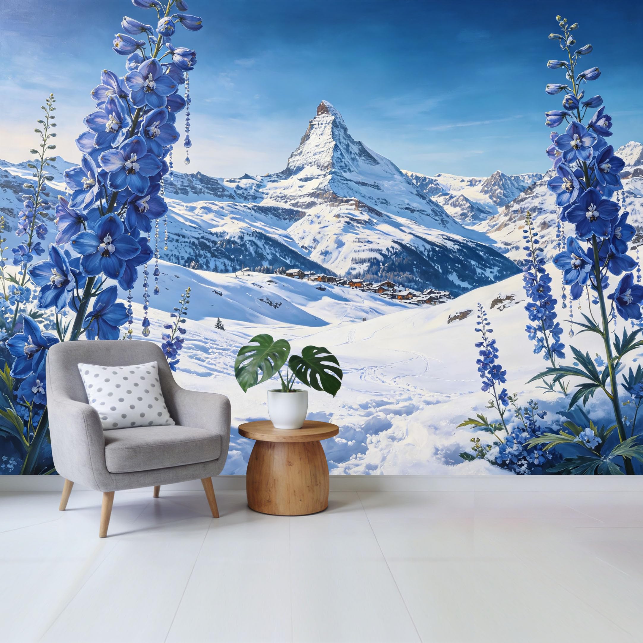Qzlithotic Yq2605250298 Custom Size Wall Mural Snowy Alpine Mountain Peak Blue Delphinium Flowers Landscape Oil Painting Selfadhesive Wall Fabric Removable Wallpaper For Home Office Decor